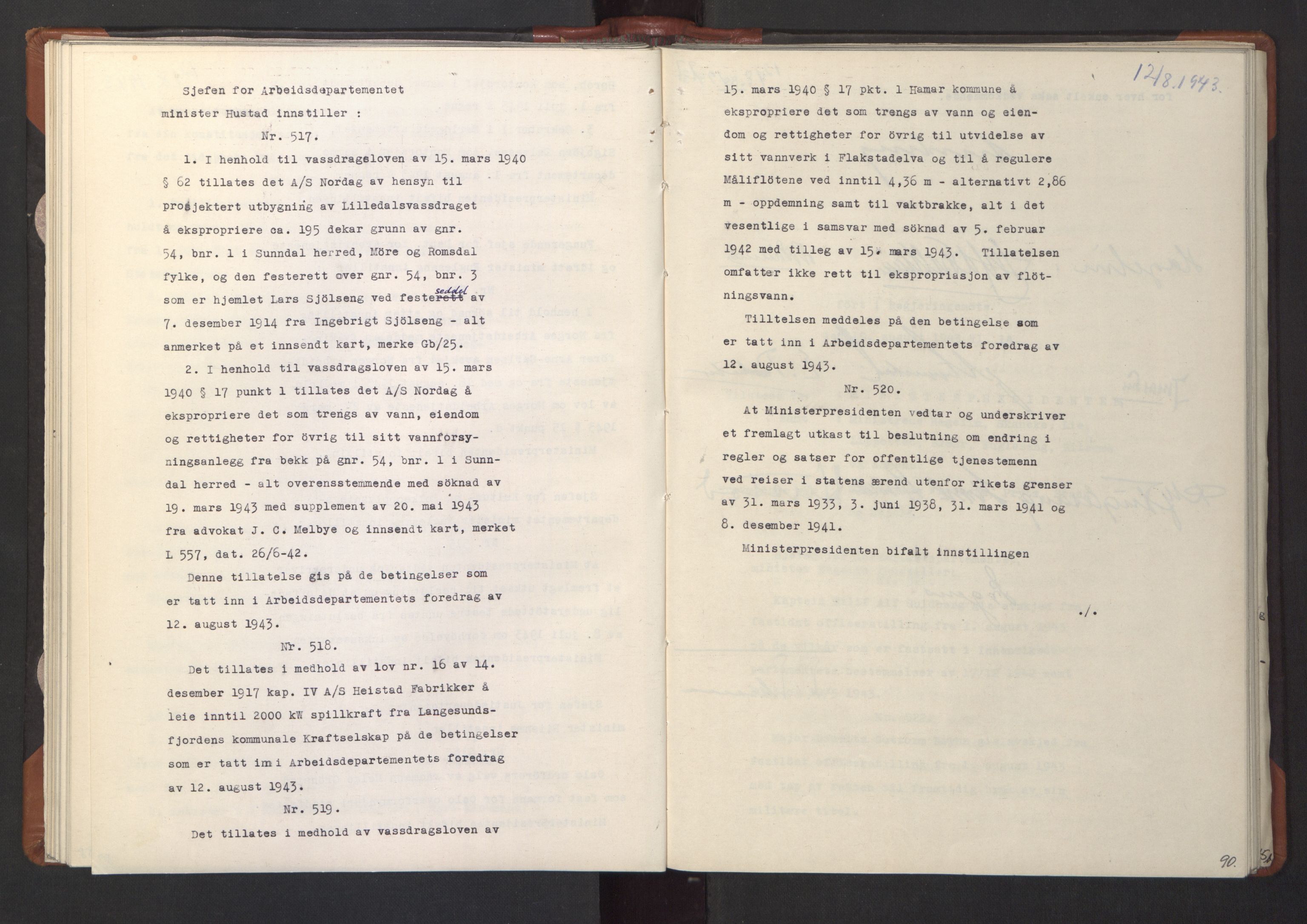 NS-administrasjonen 1940-1945 (Statsrådsekretariatet, de kommisariske statsråder mm), RA/S-4279/D/Da/L0003: Vedtak (Beslutninger) nr. 1-746 og tillegg nr. 1-47 (RA. j.nr. 1394/1944, tilgangsnr. 8/1944, 1943, p. 92