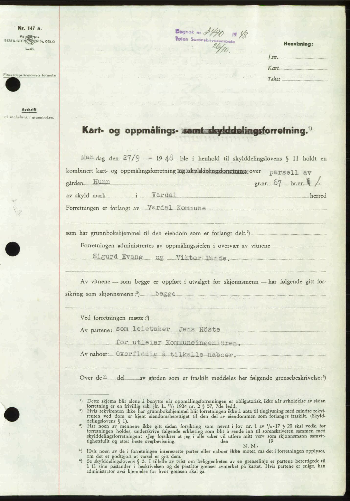 Toten tingrett, SAH/TING-006/H/Hb/Hbc/L0020: Mortgage book no. Hbc-20, 1948-1948, Diary no: : 3490/1948