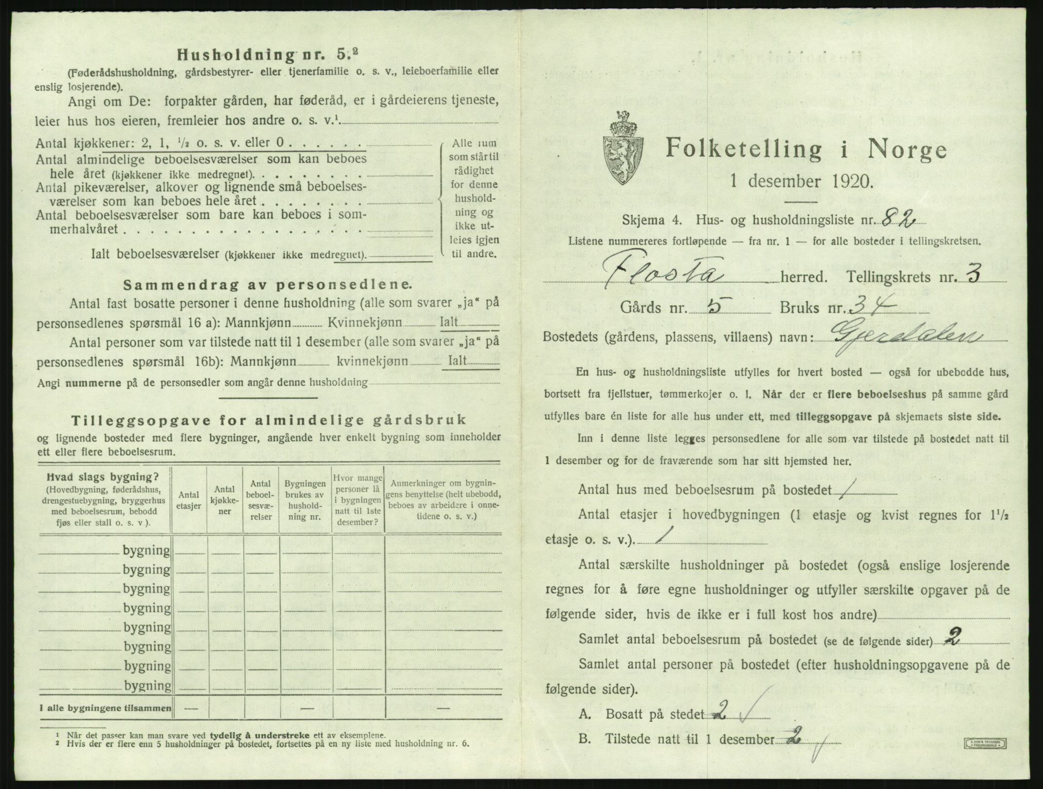 SAK, 1920 census for Flosta, 1920, p. 396