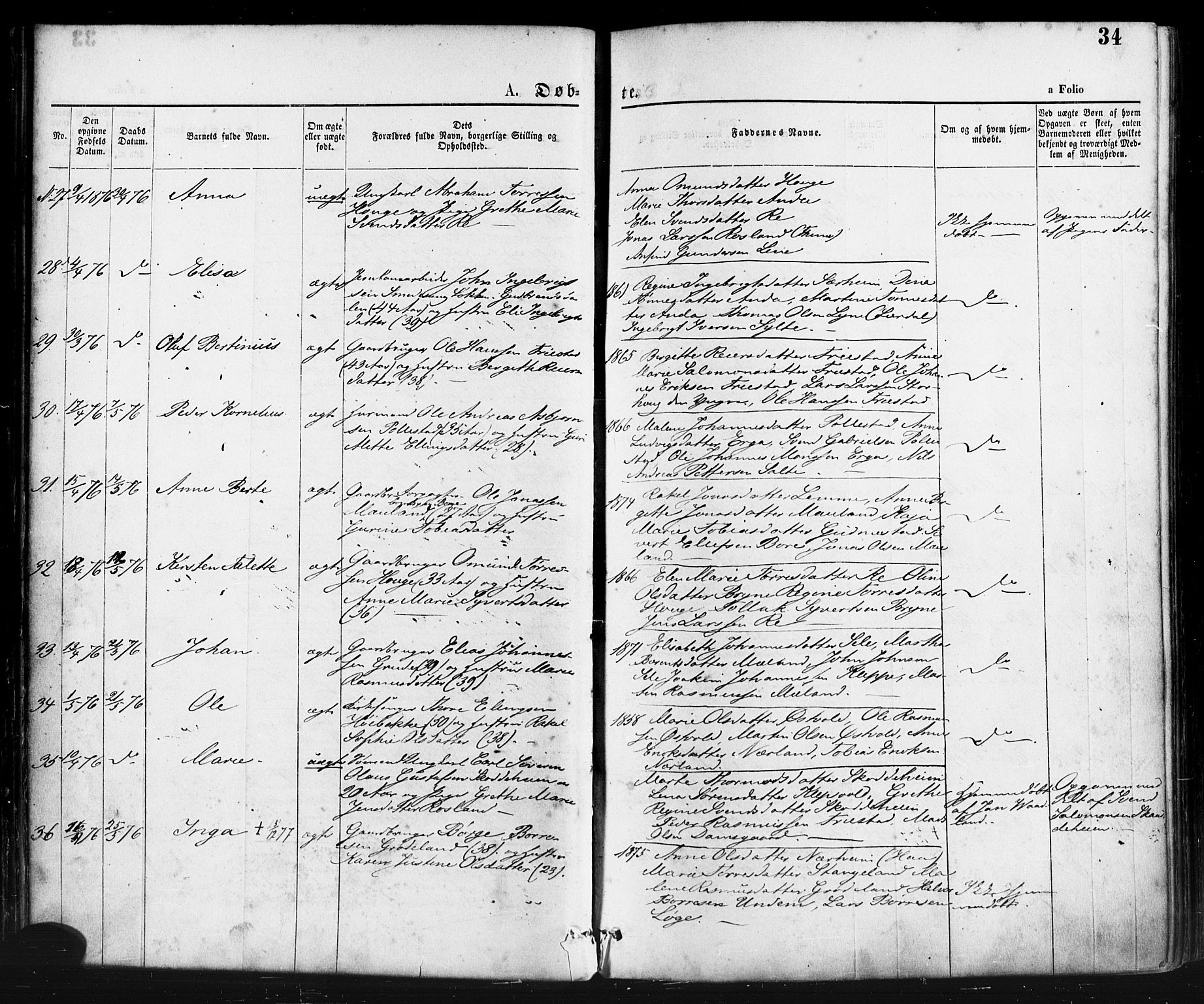 Klepp sokneprestkontor, AV/SAST-A-101803/001/3/30BA/L0006: Parish register (official) no. A 6, 1871-1885, p. 34