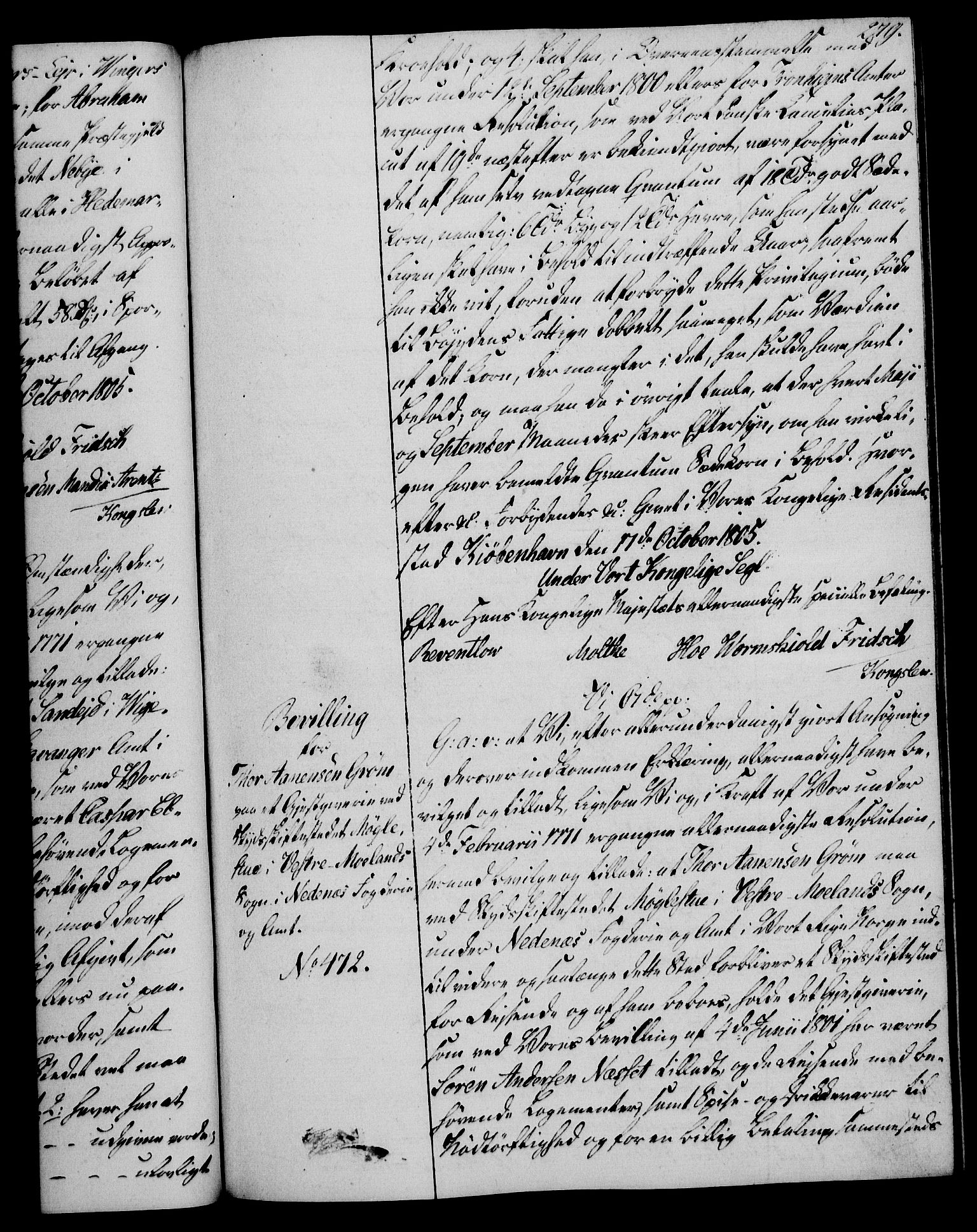 Rentekammeret, Kammerkanselliet, AV/RA-EA-3111/G/Gg/Gga/L0018: Norsk ekspedisjonsprotokoll med register (merket RK 53.18), 1804-1806, p. 279