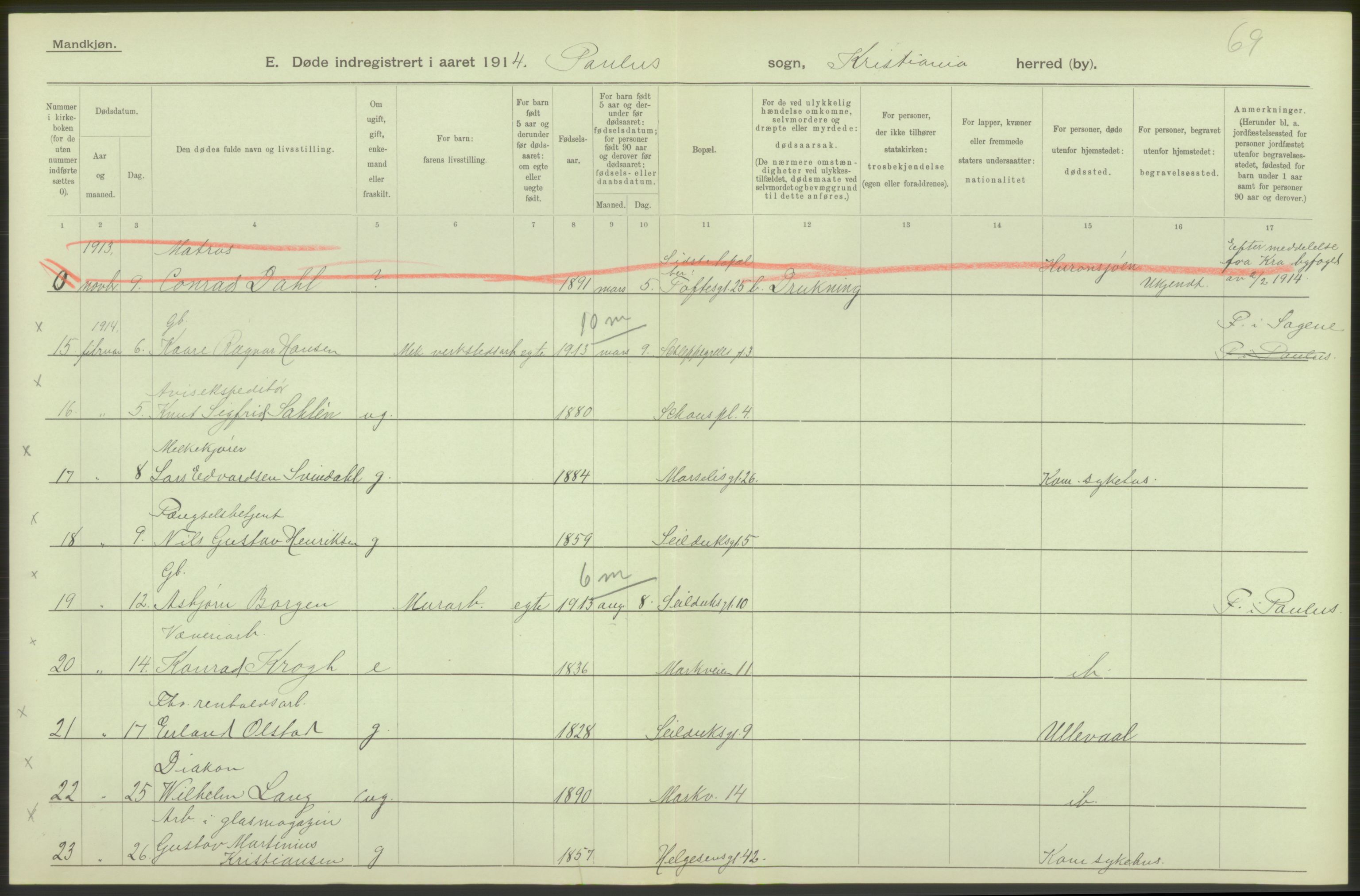 Statistisk sentralbyrå, Sosiodemografiske emner, Befolkning, AV/RA-S-2228/D/Df/Dfb/Dfbd/L0008: Kristiania: Døde, 1914, p. 276