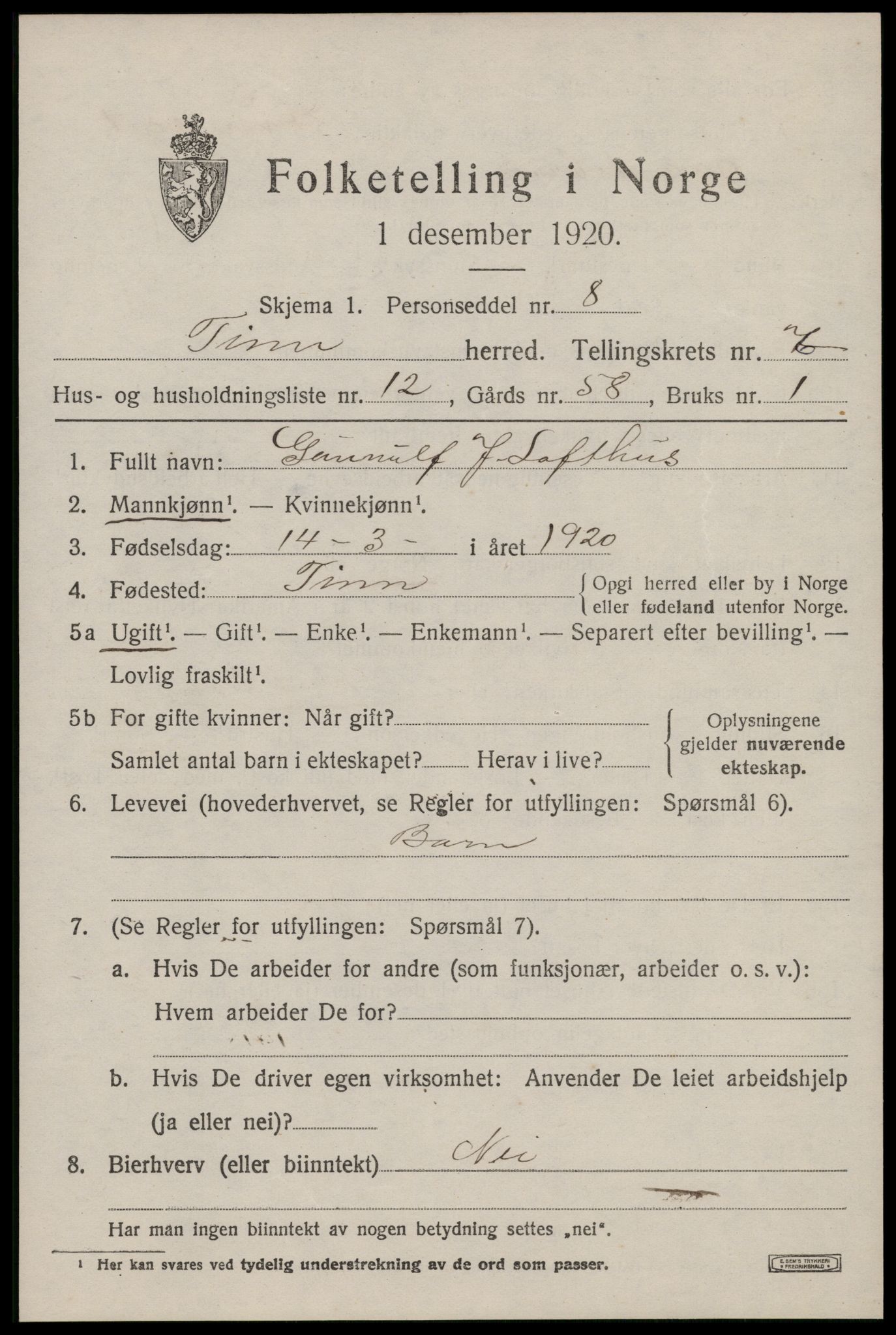 SAKO, 1920 census for Tinn, 1920, p. 4644