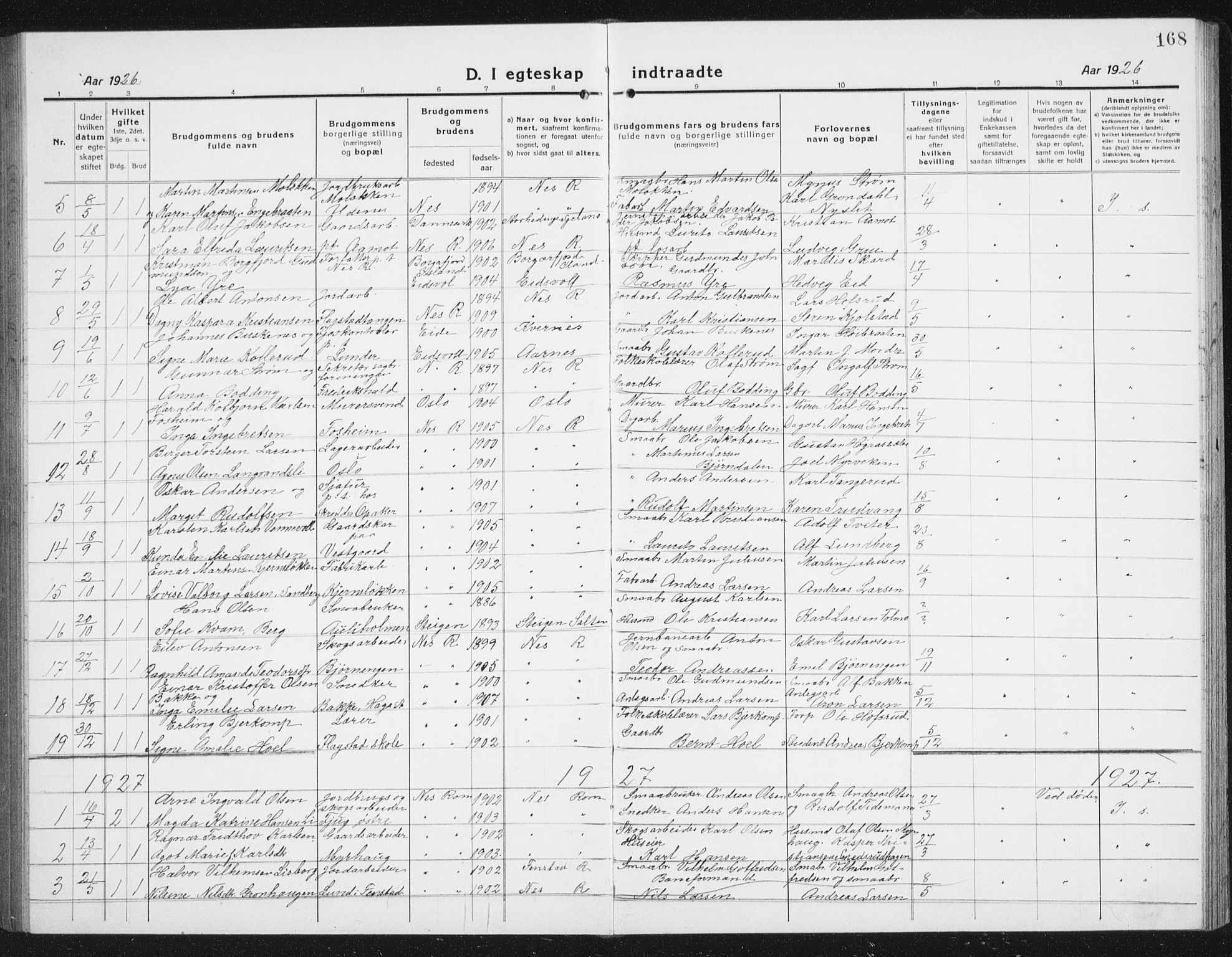 Nes prestekontor Kirkebøker, SAO/A-10410/G/Gc/L0002: Parish register (copy) no. III 2, 1915-1943, p. 168