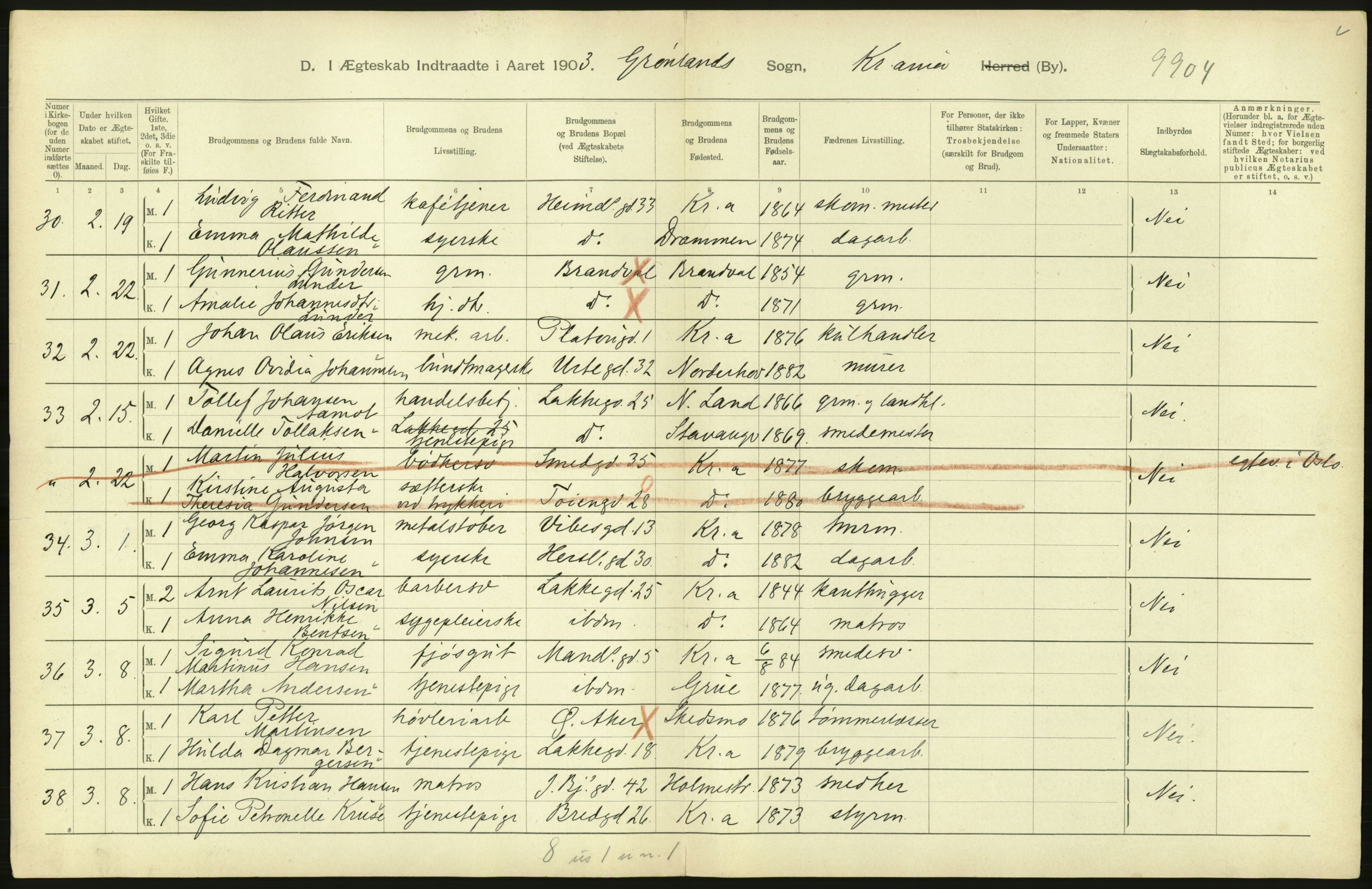 Statistisk sentralbyrå, Sosiodemografiske emner, Befolkning, AV/RA-S-2228/D/Df/Dfa/Dfaa/L0004: Kristiania: Gifte, døde, 1903, p. 458