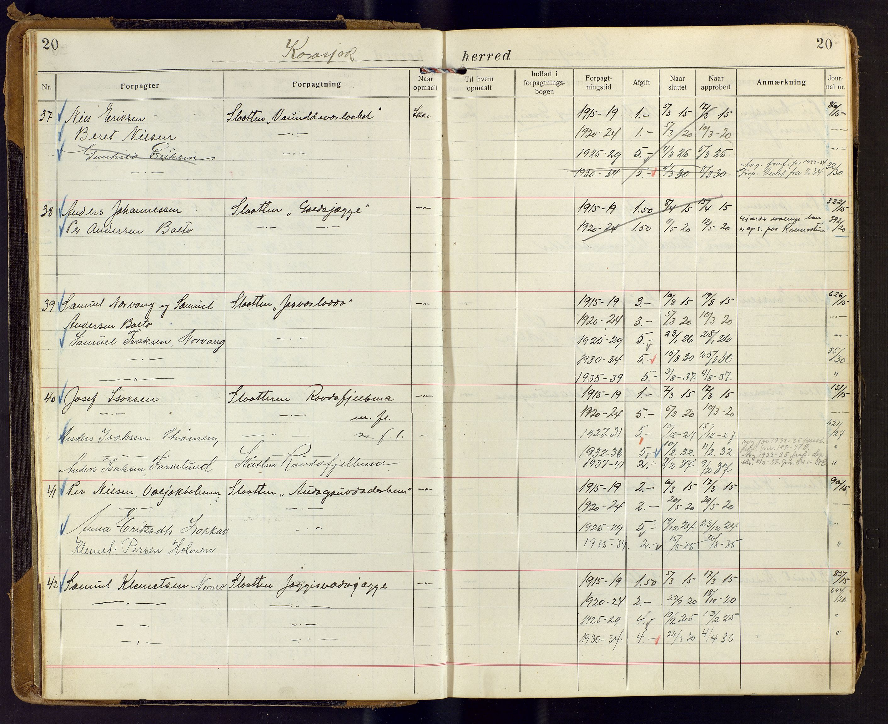 Finnmark jordsalgskommisjon/jordsalgskontor og Statskog SF Finnmark jordsalgskontor, AV/SATØ-S-1443/J/Ja/L0006: Forpaktningsbok for Finnmark II, 1916-1947, p. 20