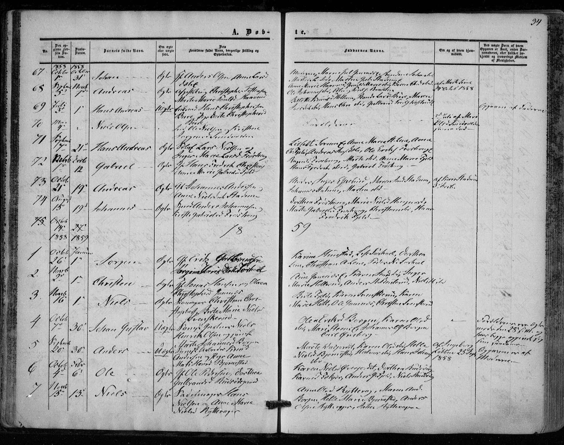 Hole kirkebøker, SAKO/A-228/F/Fa/L0006: Parish register (official) no. I 6, 1852-1872, p. 34