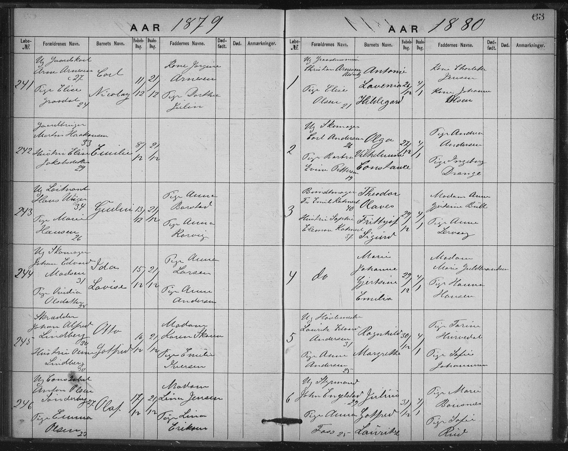 Rikshospitalet prestekontor Kirkebøker, AV/SAO-A-10309b/K/L0003/0001: Baptism register no. 3.1, 1877-1884, p. 63