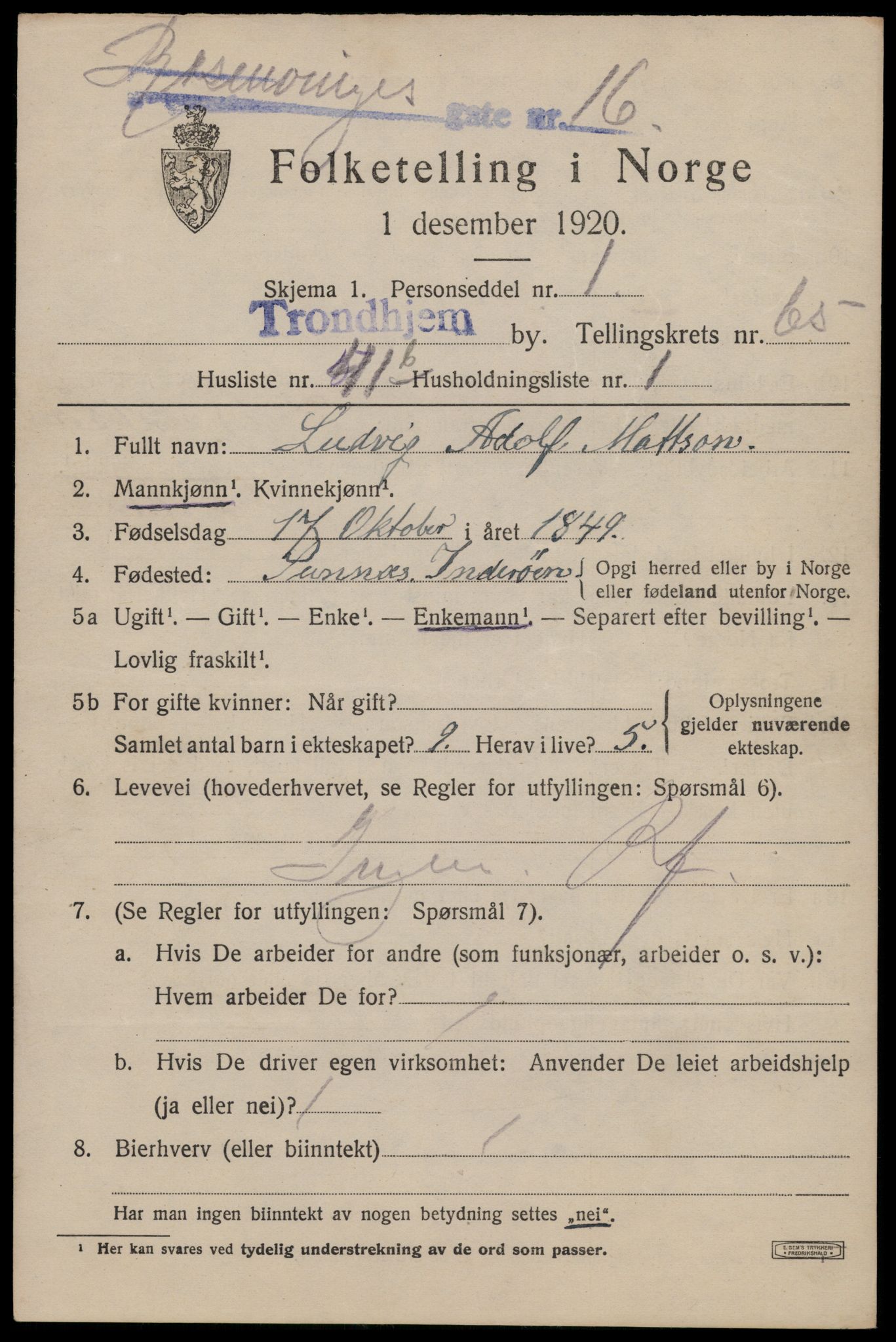 SAT, 1920 census for Trondheim, 1920, p. 129816