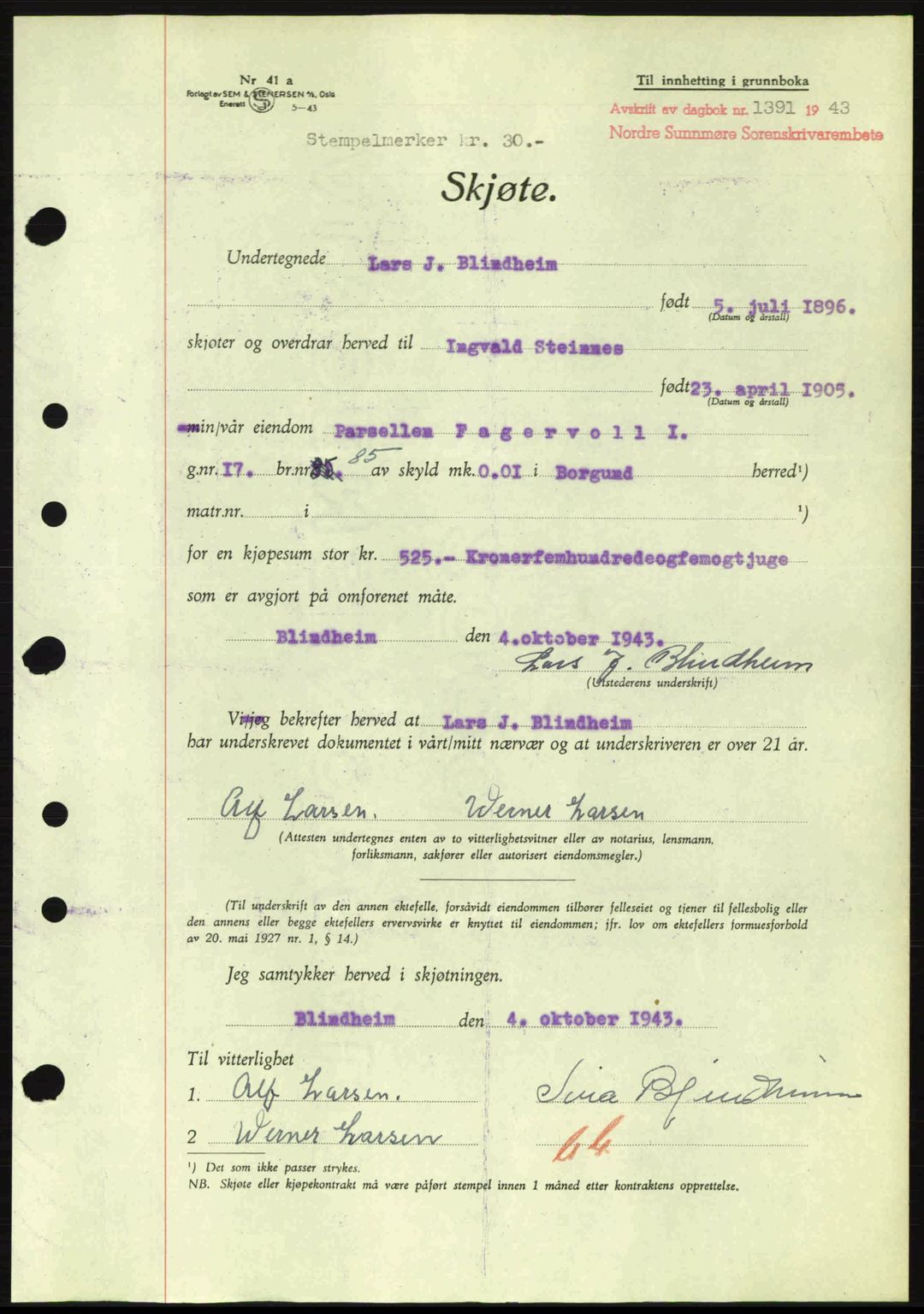 Nordre Sunnmøre sorenskriveri, AV/SAT-A-0006/1/2/2C/2Ca: Mortgage book no. A16, 1943-1943, Diary no: : 1391/1943