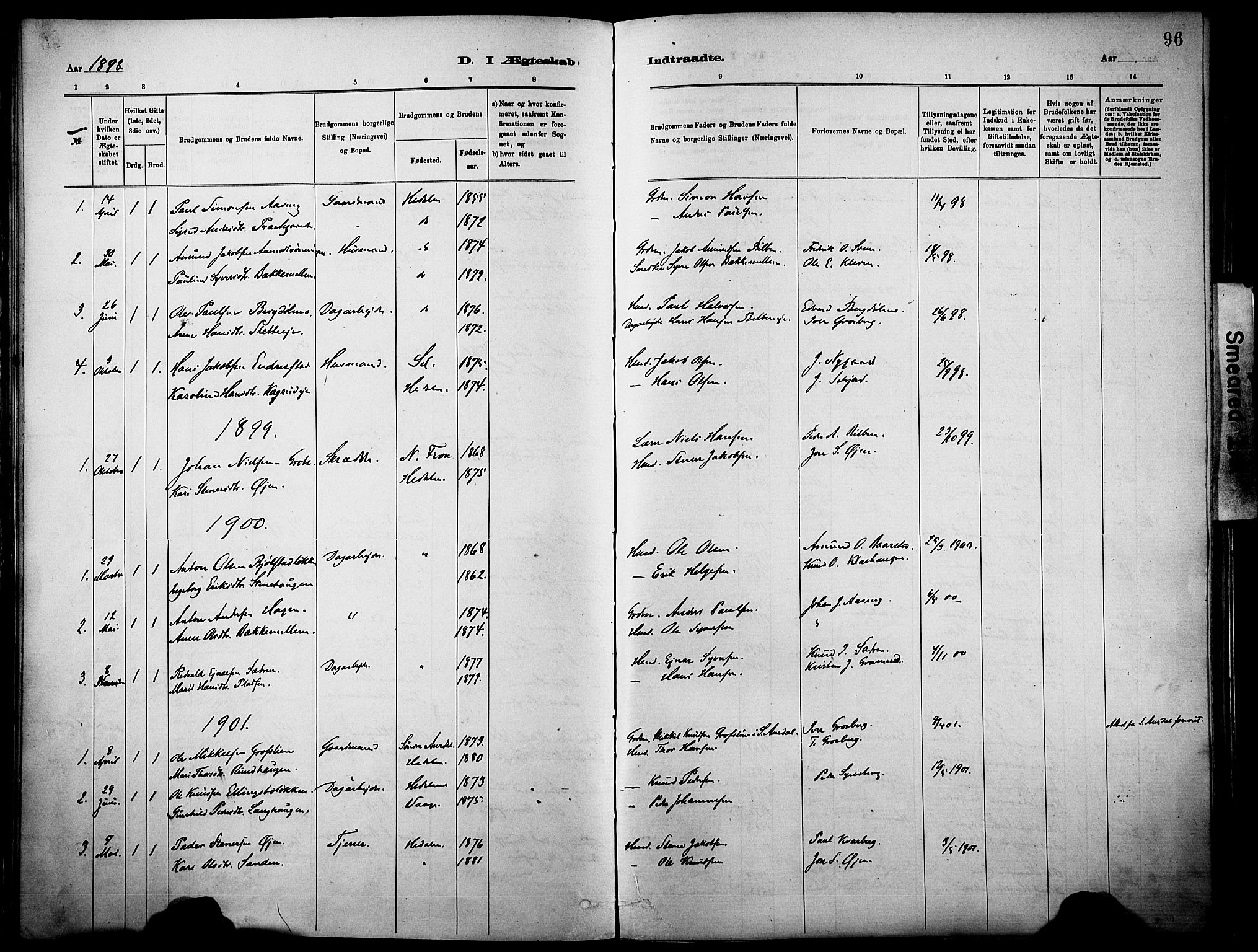 Vågå prestekontor, SAH/PREST-076/H/Ha/Haa/L0010: Parish register (official) no. 10, 1887-1904, p. 96