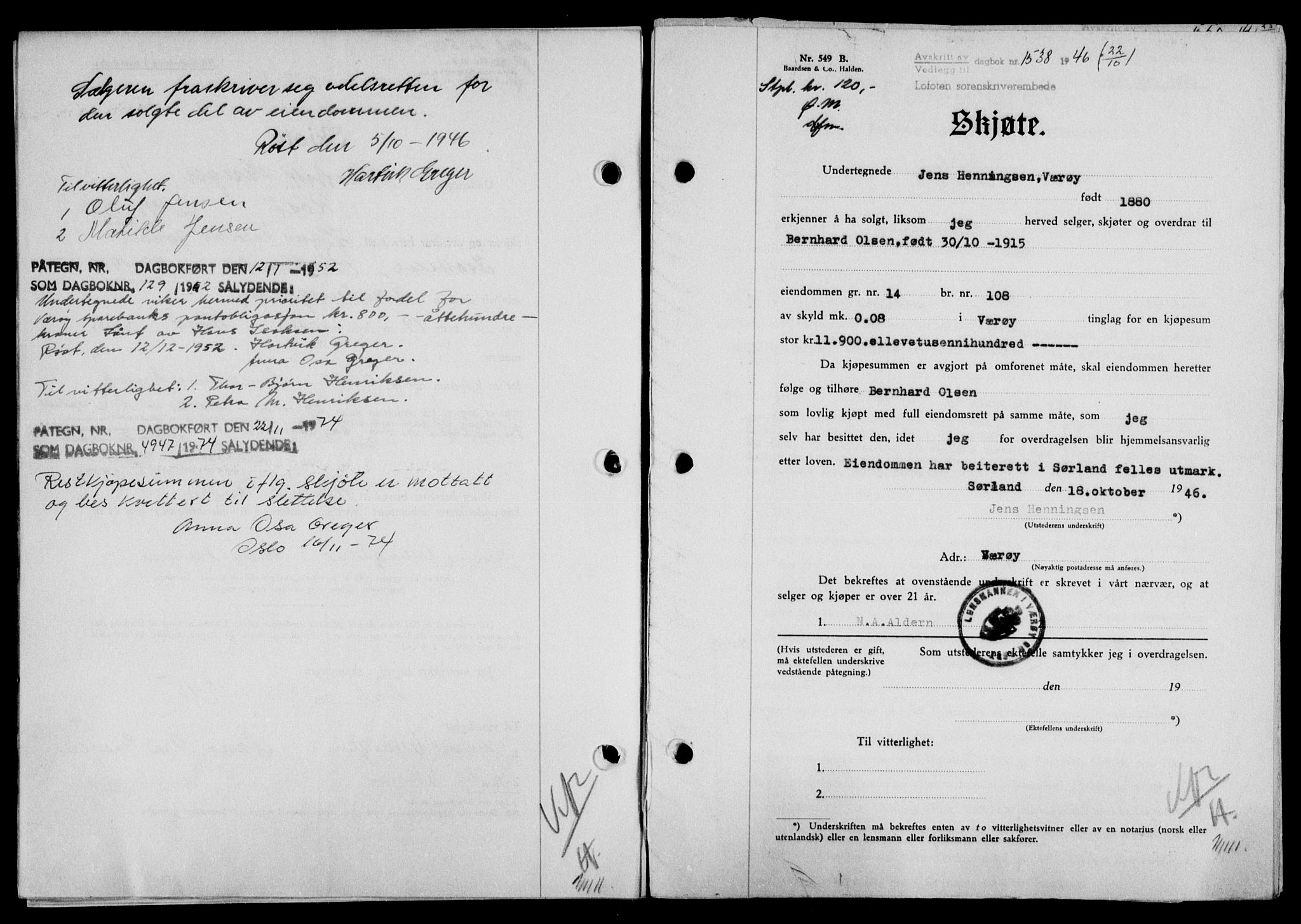 Lofoten sorenskriveri, SAT/A-0017/1/2/2C/L0014a: Mortgage book no. 14a, 1946-1946, Diary no: : 1538/1946