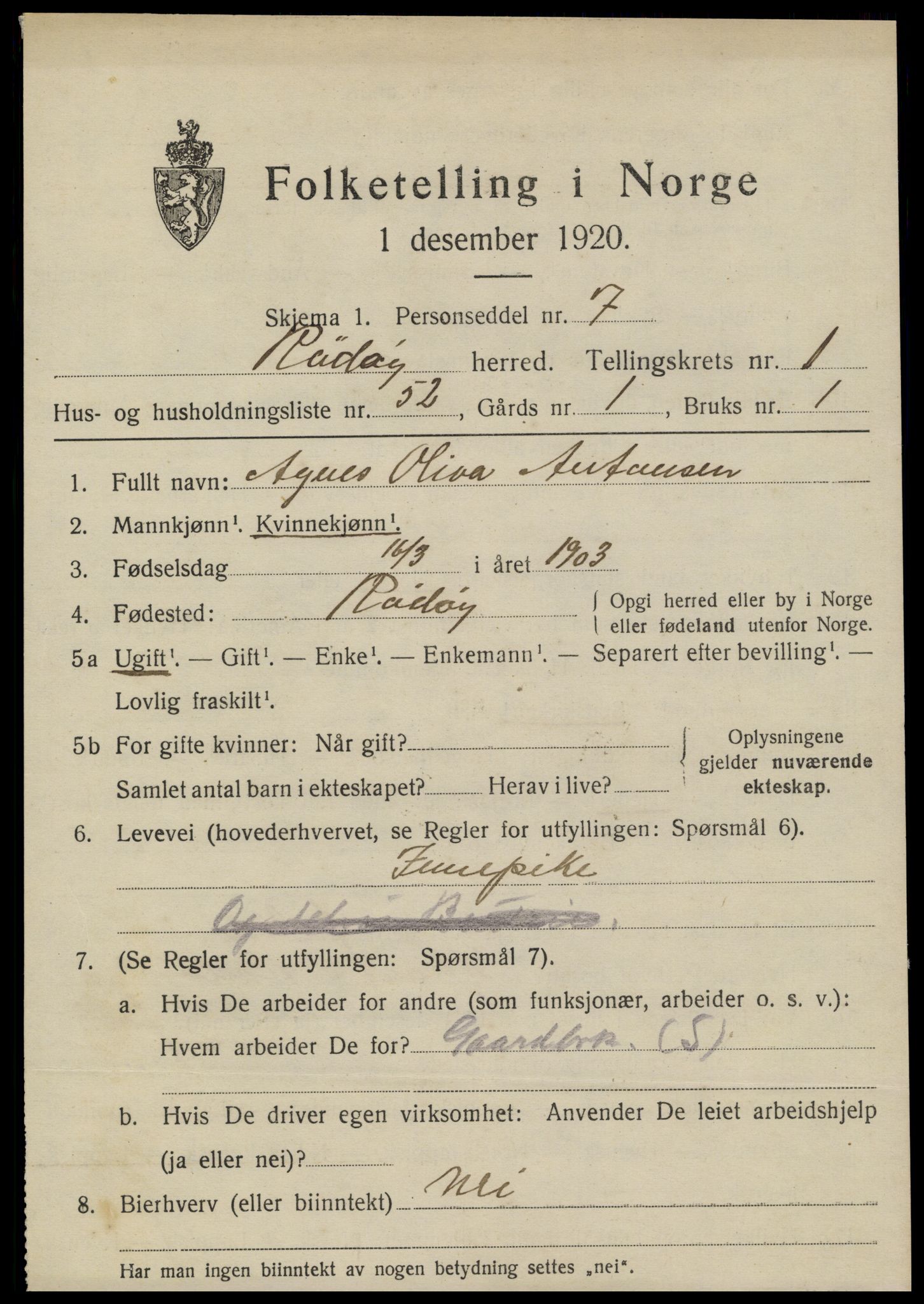 SAT, 1920 census for Rødøy, 1920, p. 1600