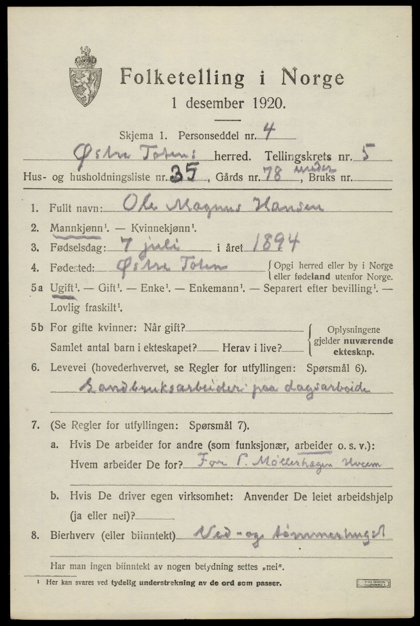 SAH, 1920 census for Østre Toten, 1920, p. 11286