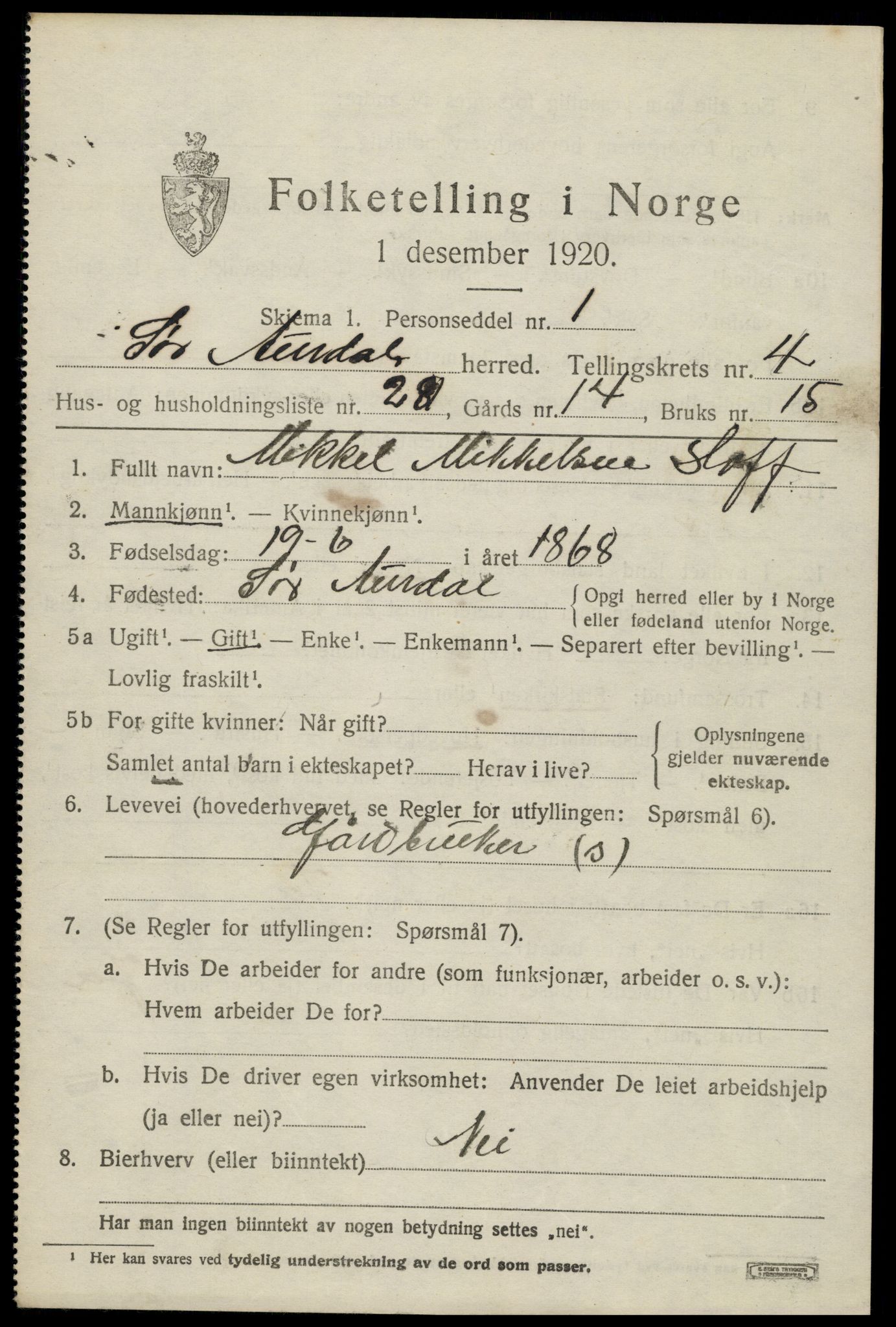 SAH, 1920 census for Sør-Aurdal, 1920, p. 2639