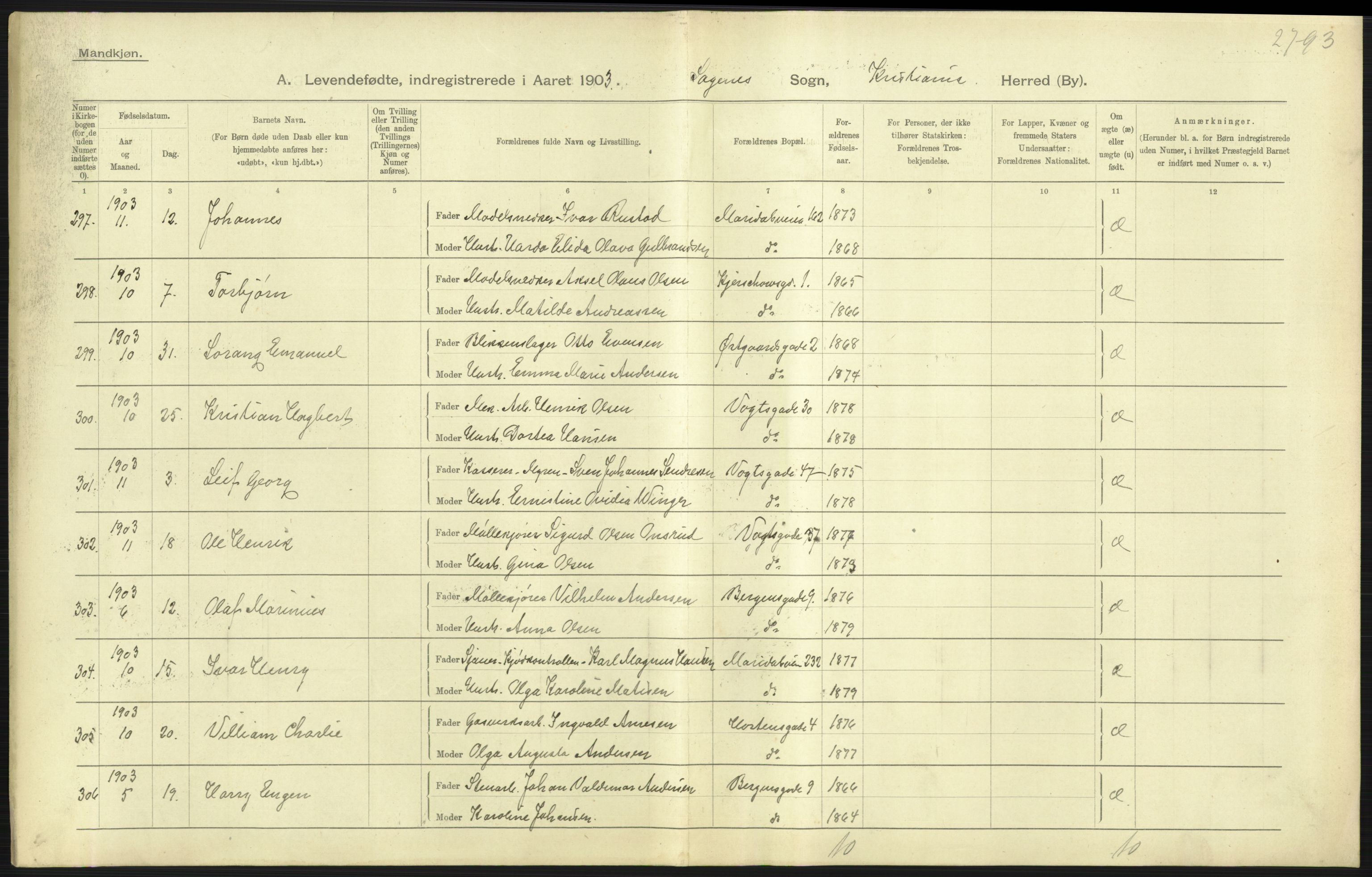 Statistisk sentralbyrå, Sosiodemografiske emner, Befolkning, AV/RA-S-2228/D/Df/Dfa/Dfaa/L0003: Kristiania: Fødte, 1903, p. 149