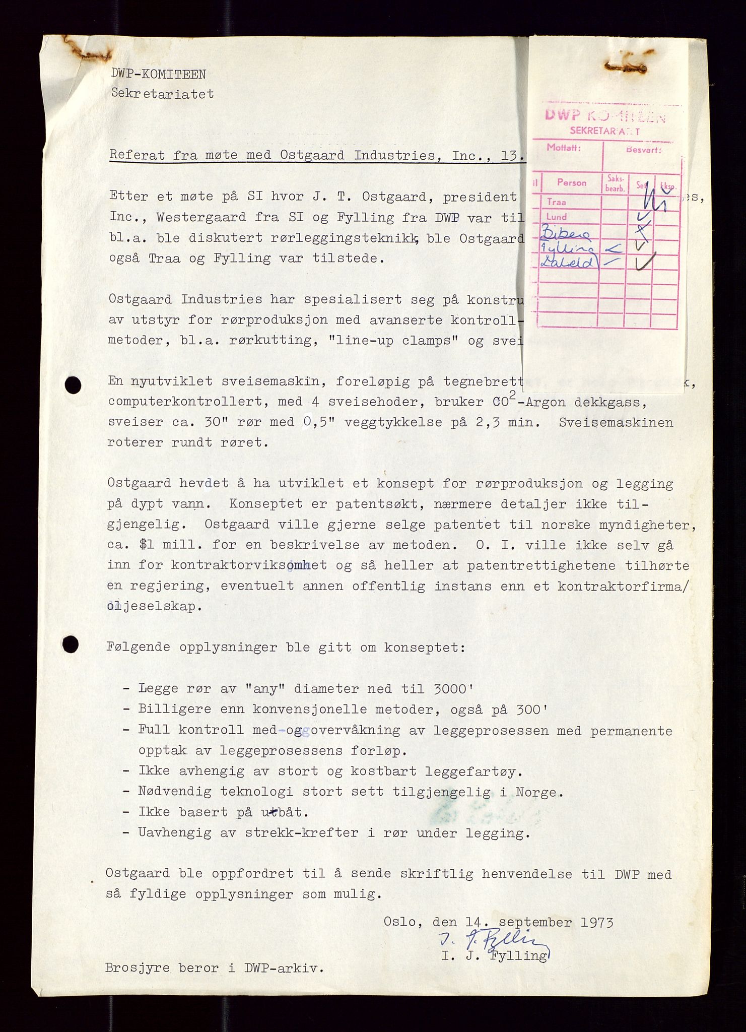 Industridepartementet, Oljekontoret, AV/SAST-A-101348/Di/L0001: DWP, møter juni - november, komiteemøter nr. 19 - 26, 1973-1974, p. 238