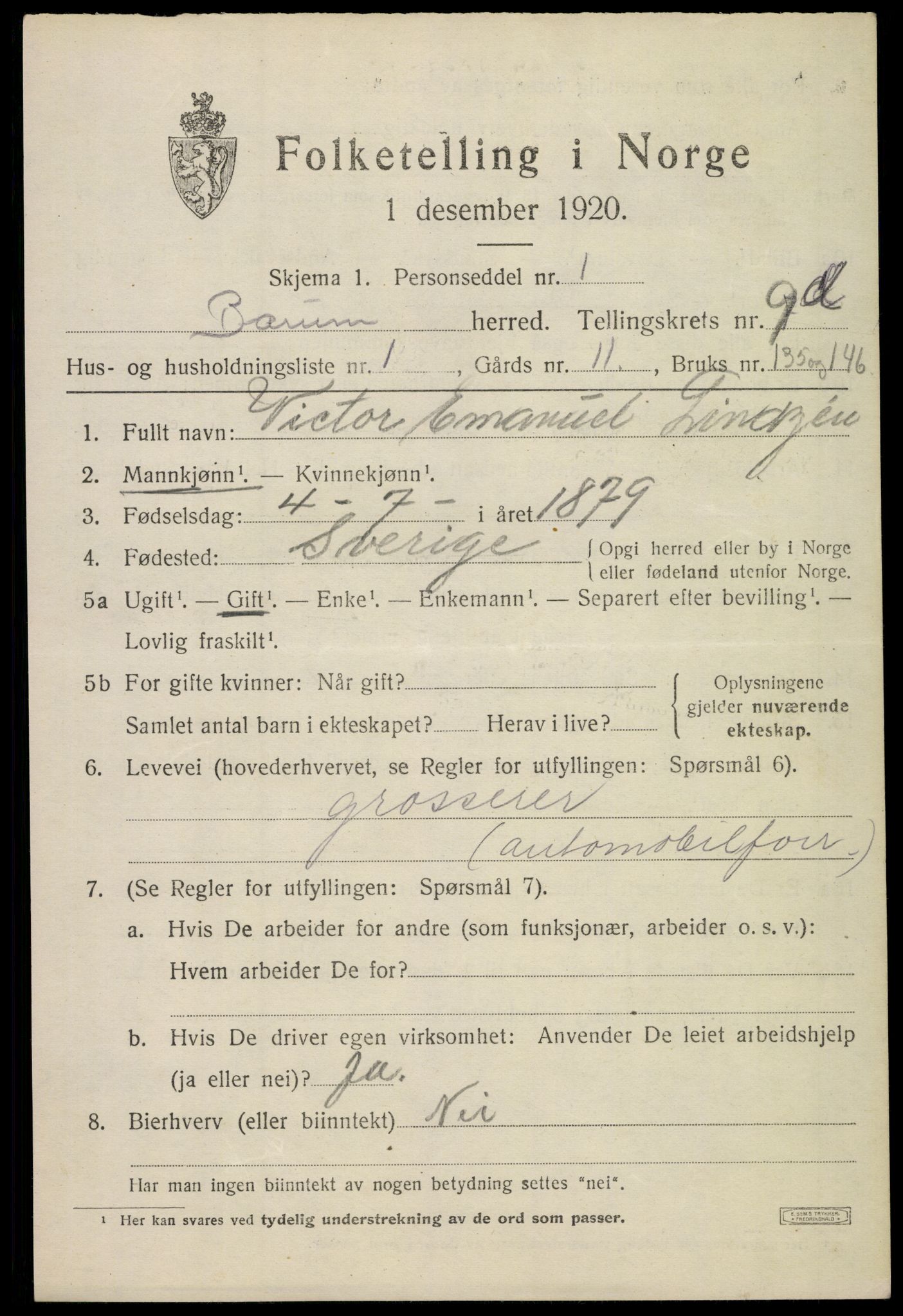 SAO, 1920 census for Bærum, 1920, p. 22848