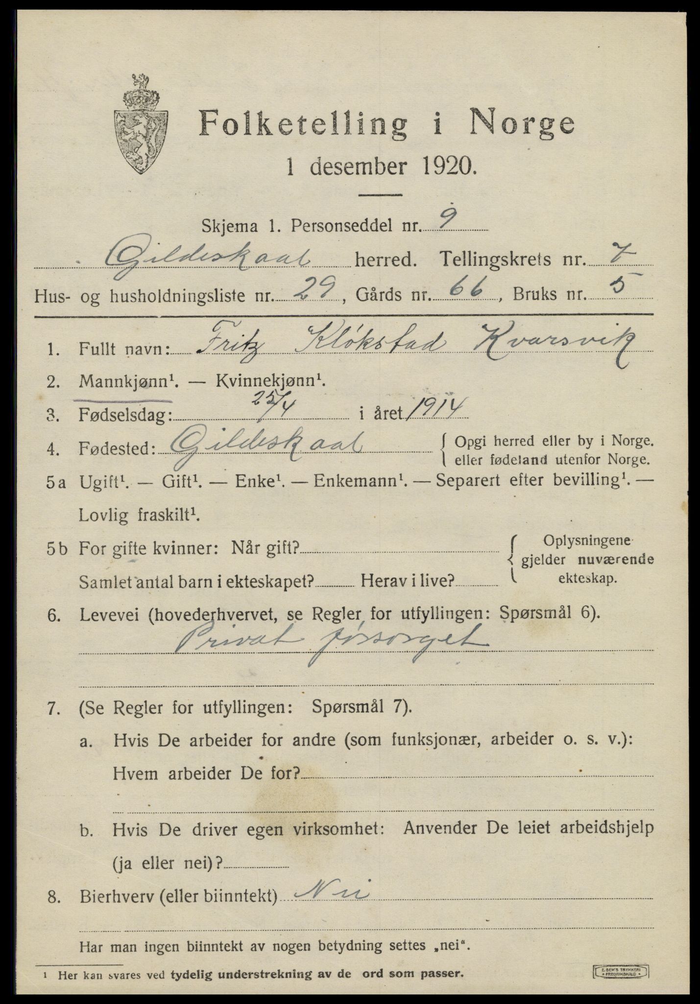 SAT, 1920 census for Gildeskål, 1920, p. 5398