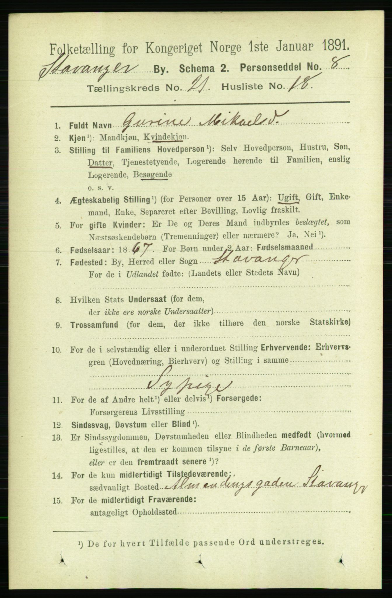 RA, 1891 census for 1103 Stavanger, 1891, p. 23591