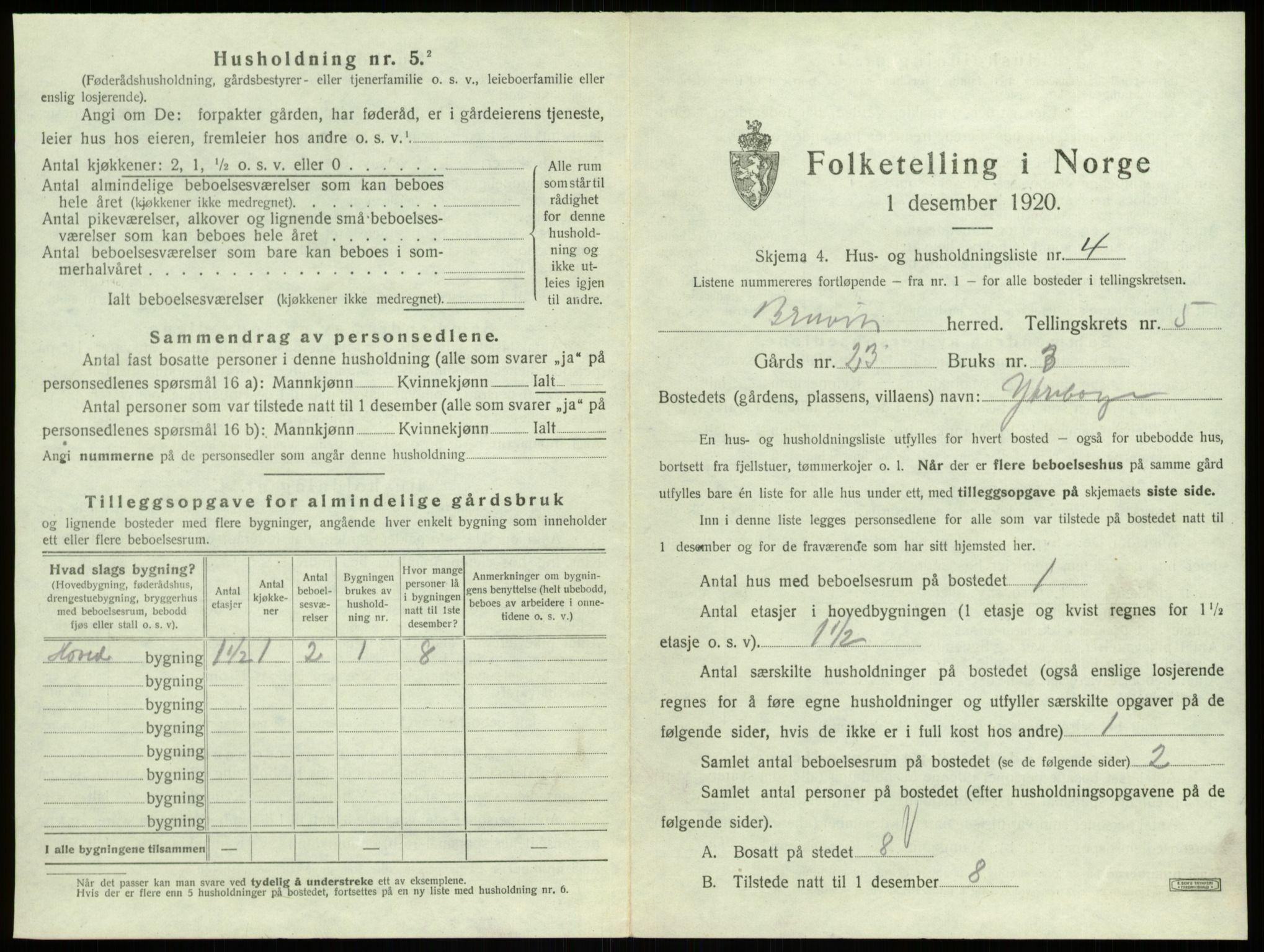 SAB, 1920 census for Bruvik, 1920, p. 277