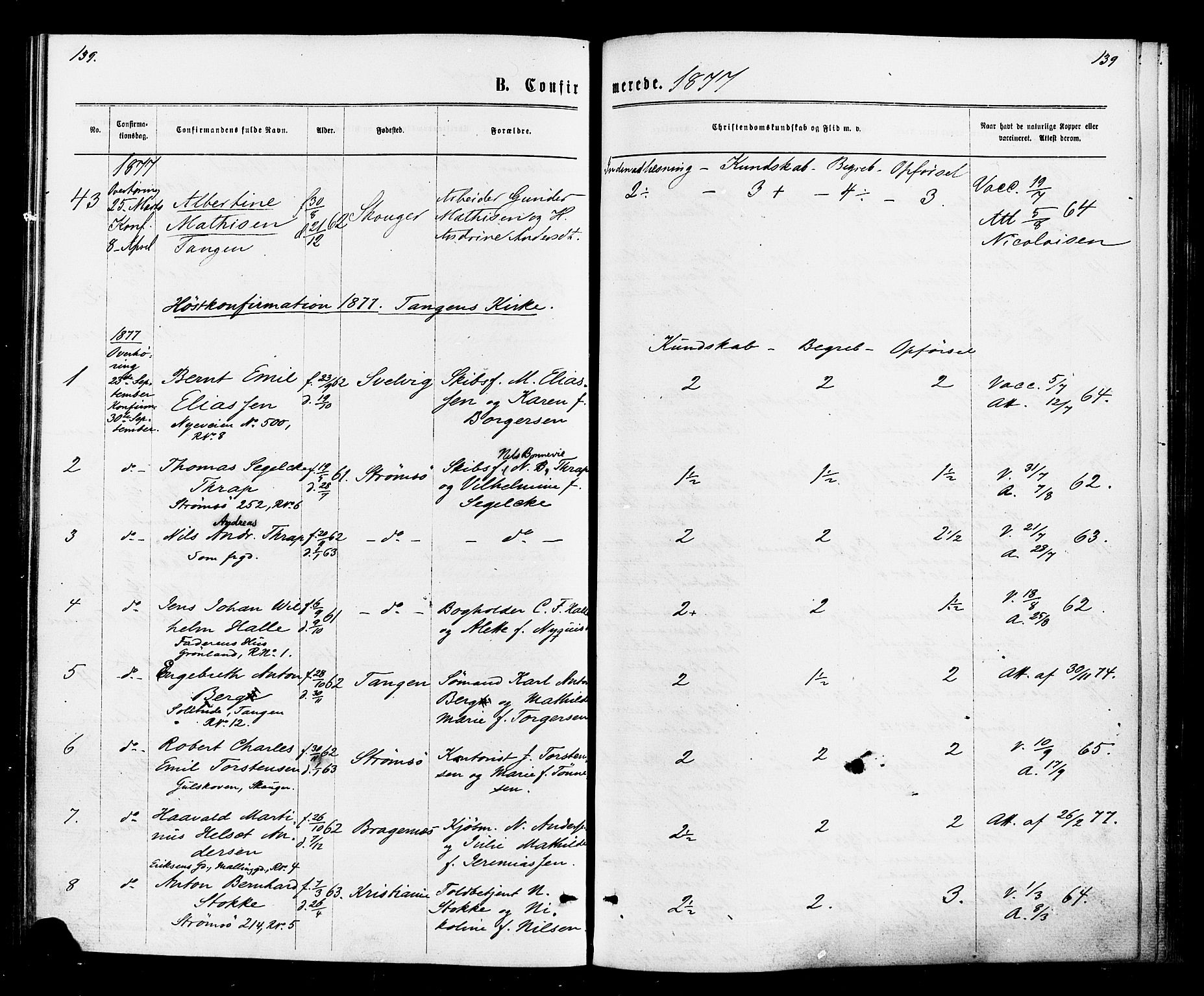 Strømsø kirkebøker, AV/SAKO-A-246/F/Fa/L0020: Parish register (official) no. I 20, 1870-1878, p. 139