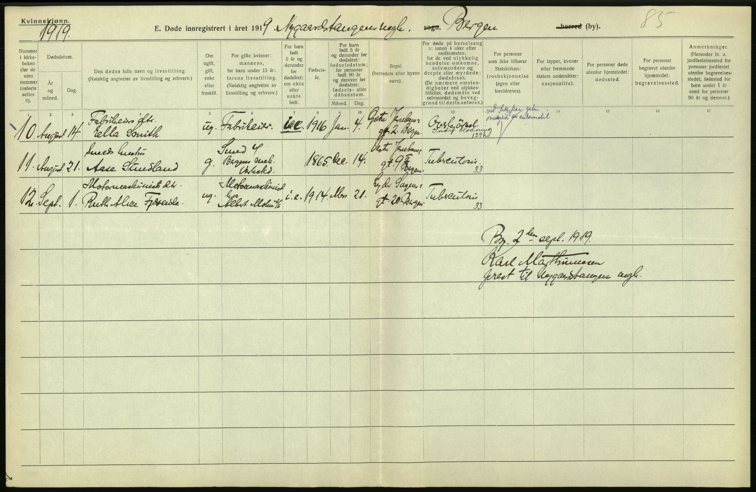 Statistisk sentralbyrå, Sosiodemografiske emner, Befolkning, AV/RA-S-2228/D/Df/Dfb/Dfbi/L0035: Bergen: Gifte, døde, dødfødte., 1919, p. 292