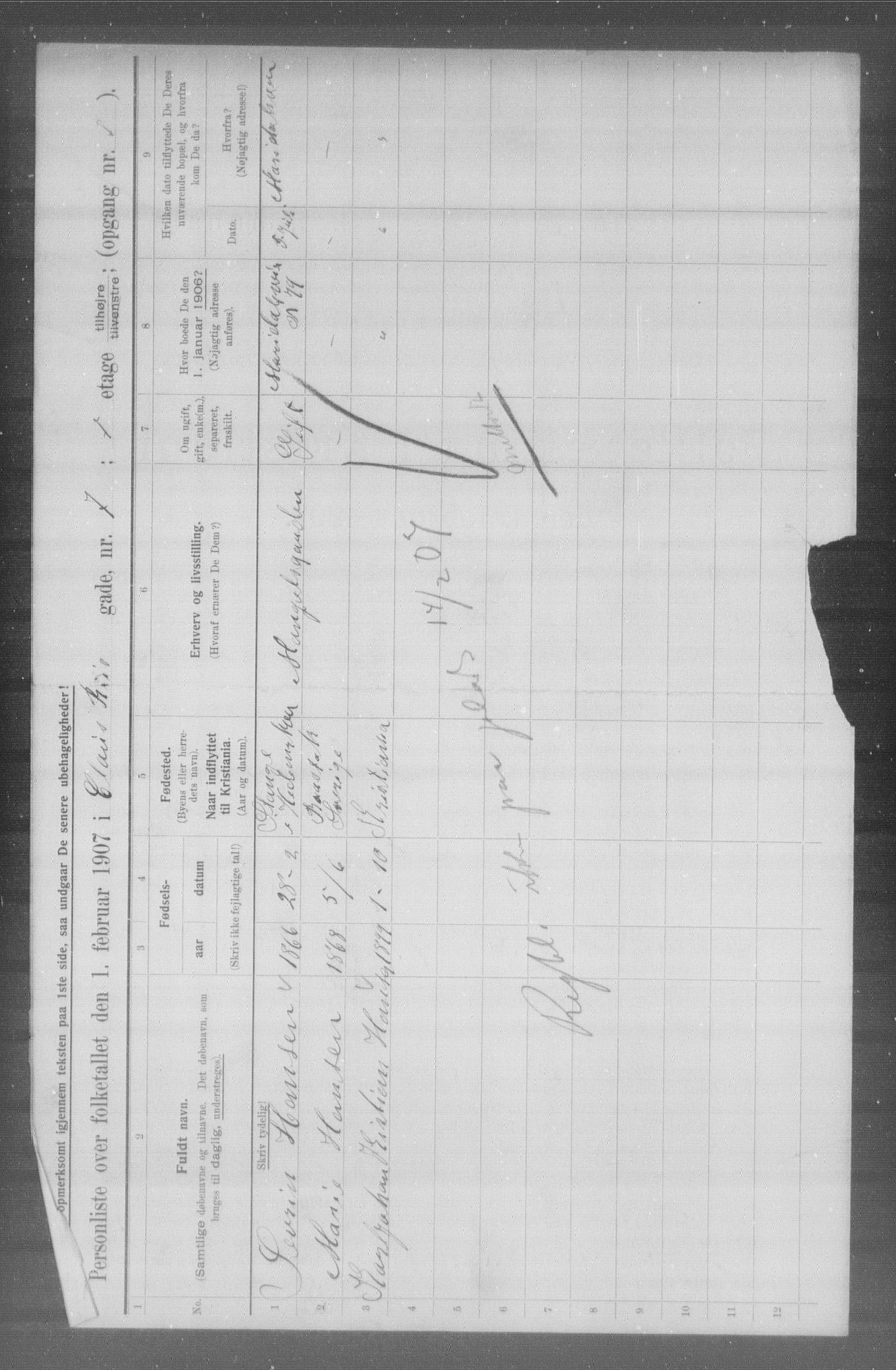 OBA, Municipal Census 1907 for Kristiania, 1907, p. 6620