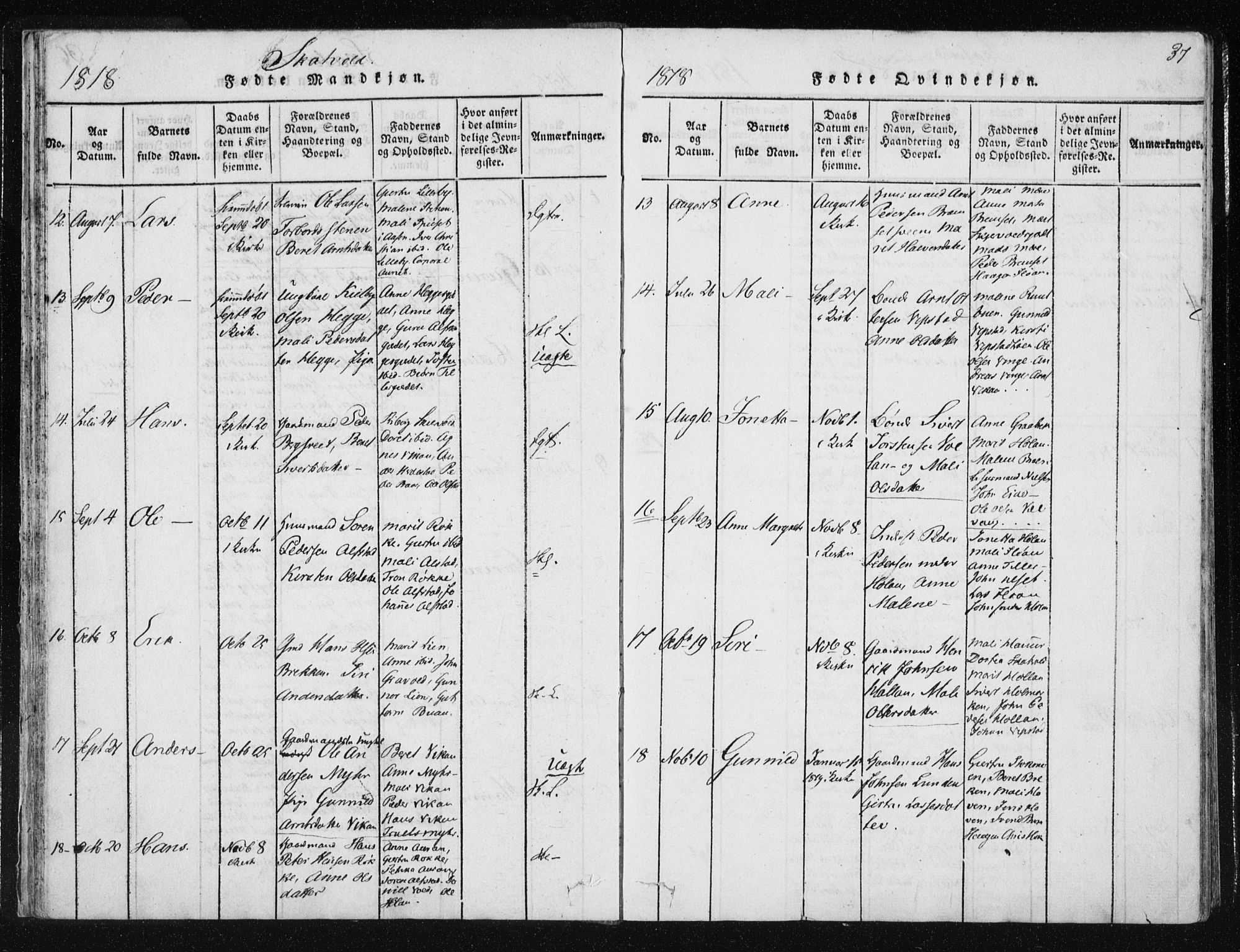 Ministerialprotokoller, klokkerbøker og fødselsregistre - Nord-Trøndelag, SAT/A-1458/709/L0061: Parish register (official) no. 709A08 /2, 1815-1819, p. 37