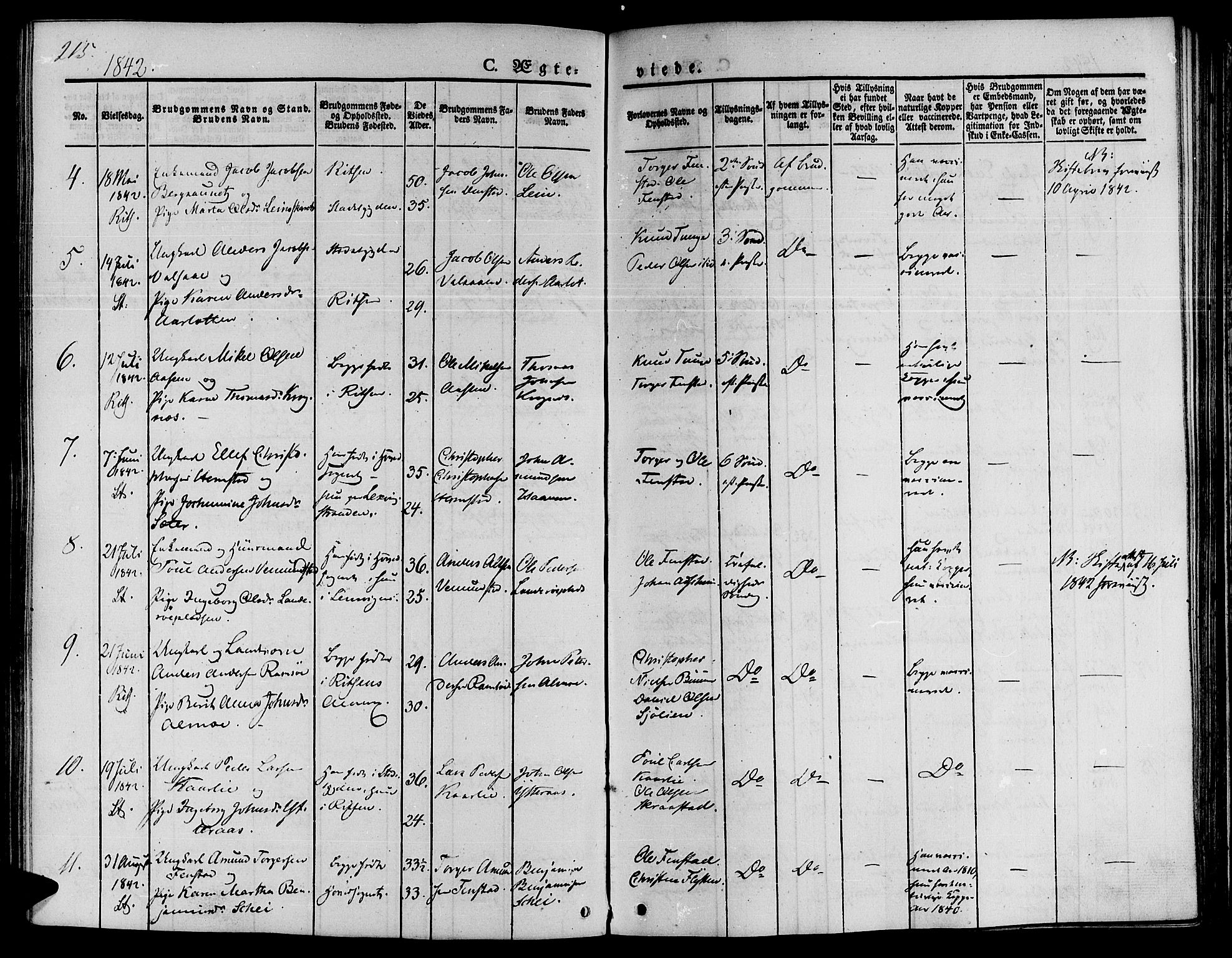 Ministerialprotokoller, klokkerbøker og fødselsregistre - Sør-Trøndelag, AV/SAT-A-1456/646/L0610: Parish register (official) no. 646A08, 1837-1847, p. 215