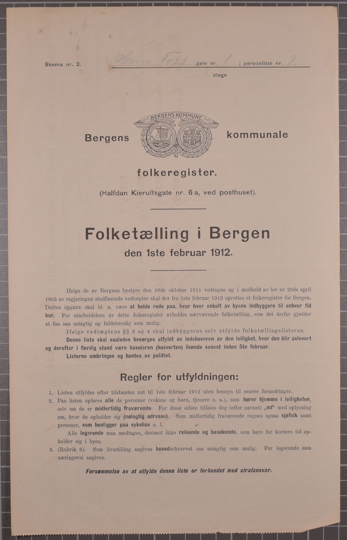 SAB, Municipal Census 1912 for Bergen, 1912, p. 2904