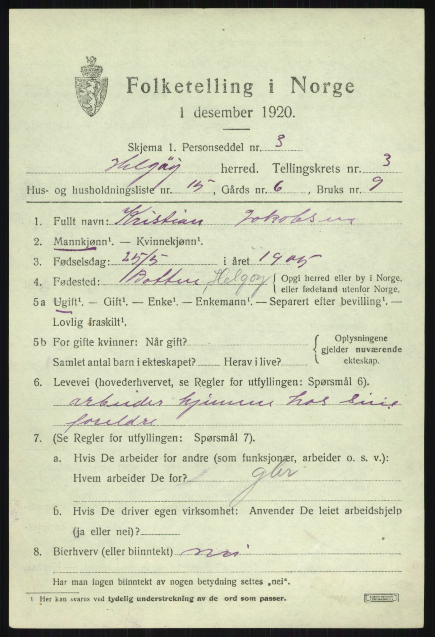 SATØ, 1920 census for Helgøy, 1920, p. 1579