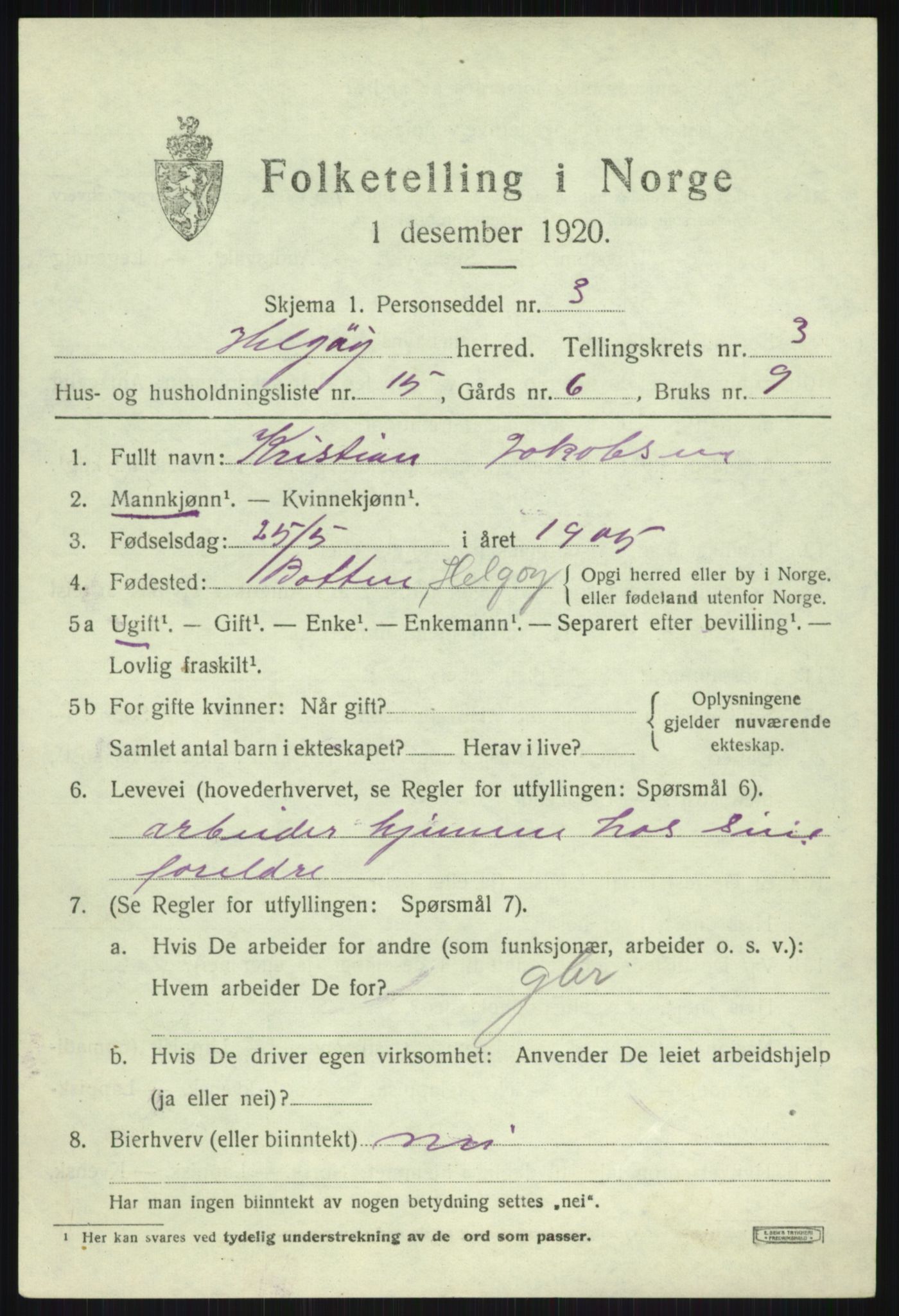SATØ, 1920 census for Helgøy, 1920, p. 1579