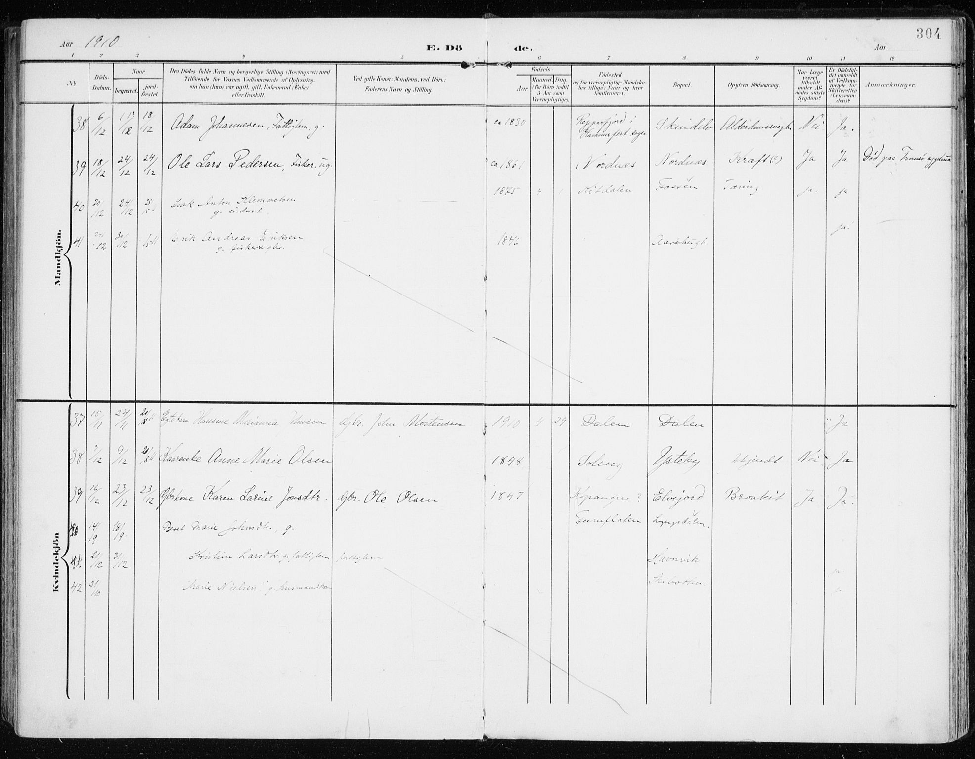 Lyngen sokneprestembete, AV/SATØ-S-1289/H/He/Hea/L0011kirke: Parish register (official) no. 11, 1903-1913, p. 304