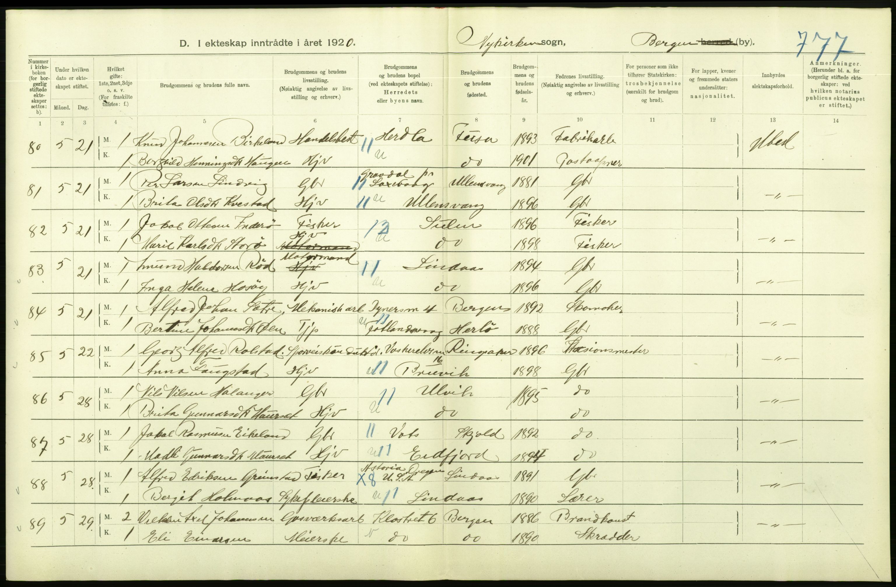 Statistisk sentralbyrå, Sosiodemografiske emner, Befolkning, AV/RA-S-2228/D/Df/Dfb/Dfbj/L0042: Bergen: Gifte, døde, dødfødte., 1920, p. 136