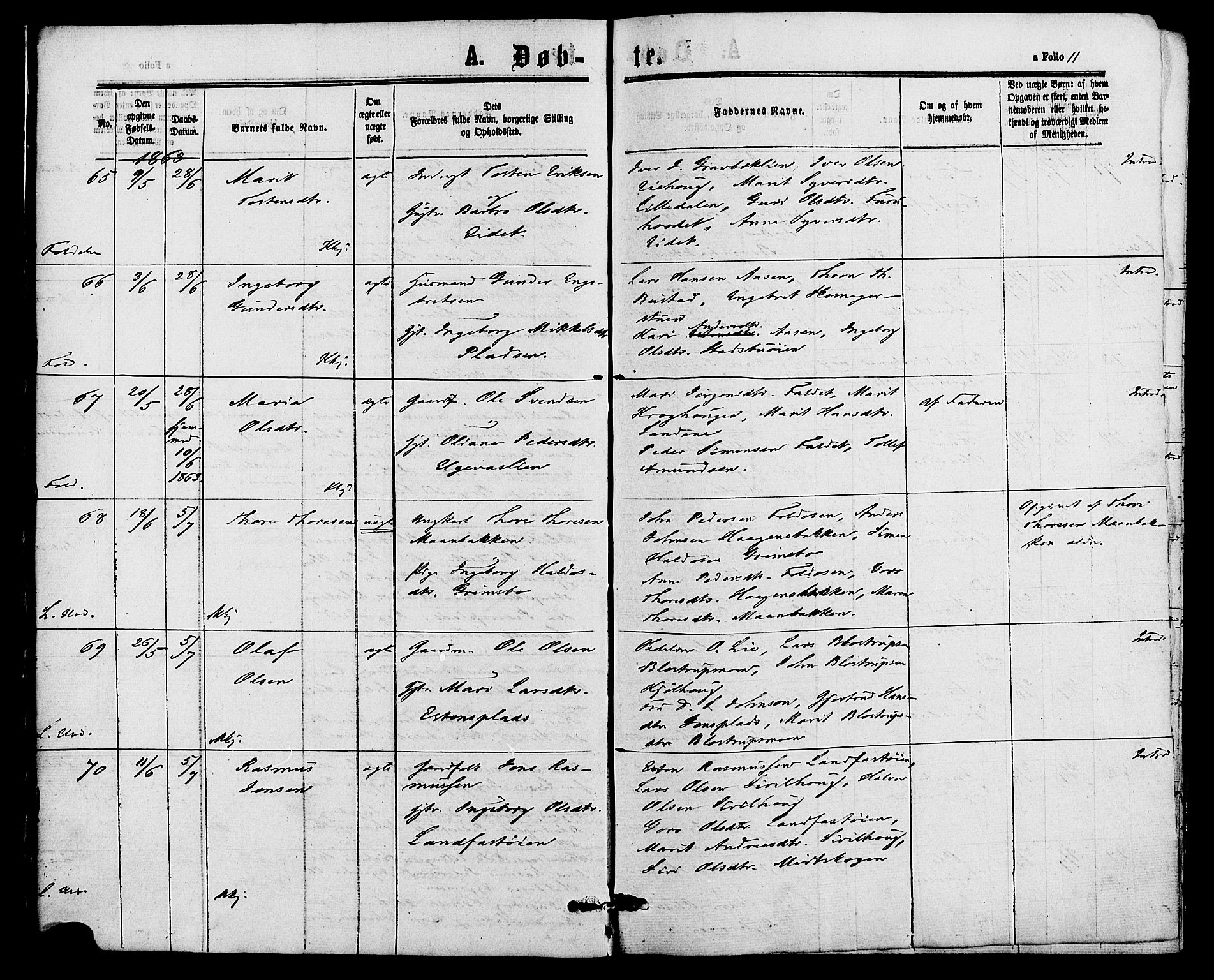 Alvdal prestekontor, AV/SAH-PREST-060/H/Ha/Haa/L0001: Parish register (official) no. 1, 1863-1882, p. 11