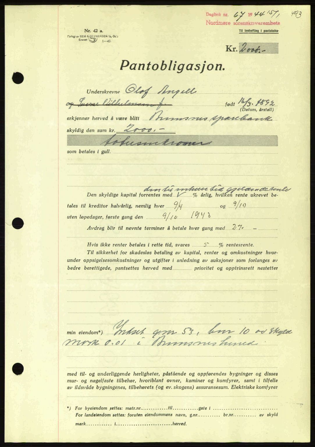 Nordmøre sorenskriveri, AV/SAT-A-4132/1/2/2Ca: Mortgage book no. B91, 1943-1944, Diary no: : 67/1944