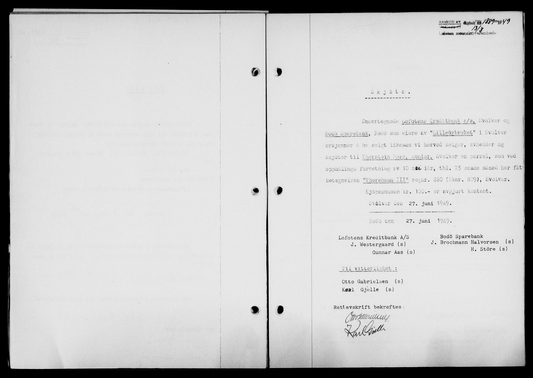 Lofoten sorenskriveri, SAT/A-0017/1/2/2C/L0021a: Mortgage book no. 21a, 1949-1949, Diary no: : 1889/1949