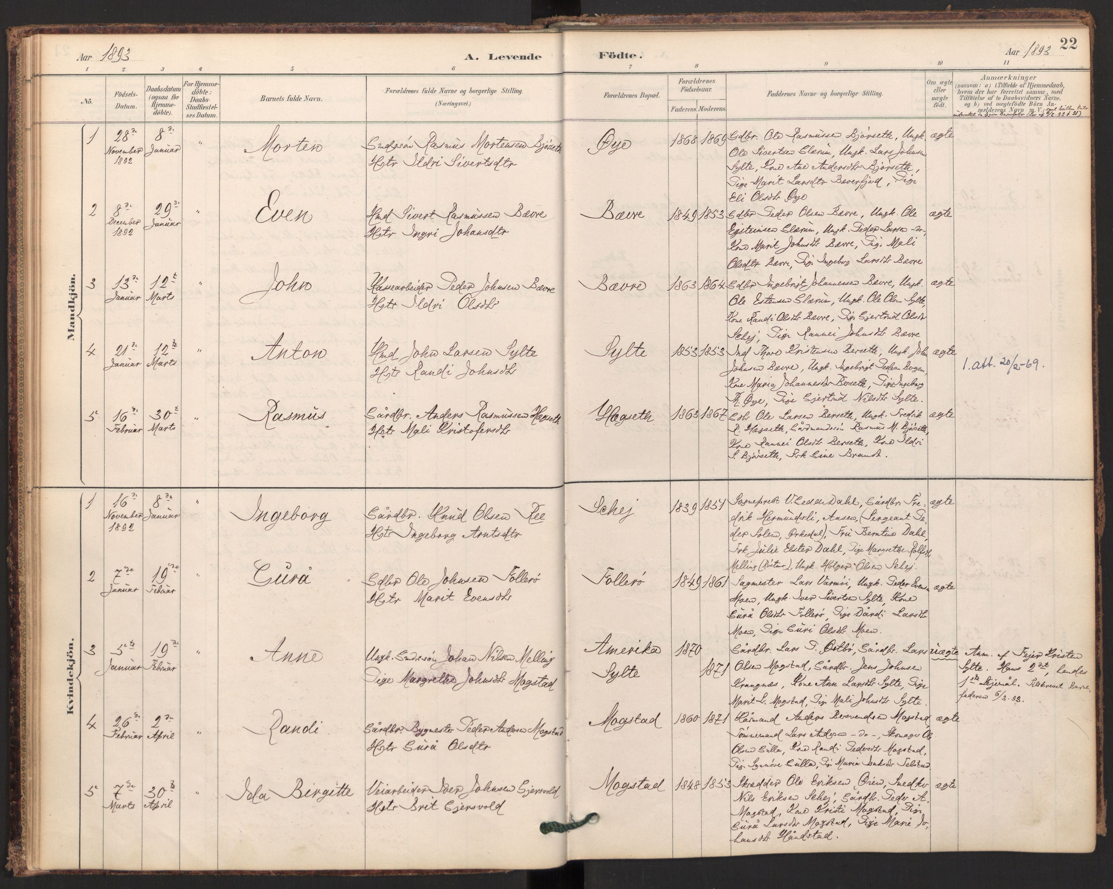 Ministerialprotokoller, klokkerbøker og fødselsregistre - Møre og Romsdal, SAT/A-1454/595/L1047: Parish register (official) no. 595A09, 1885-1900, p. 22