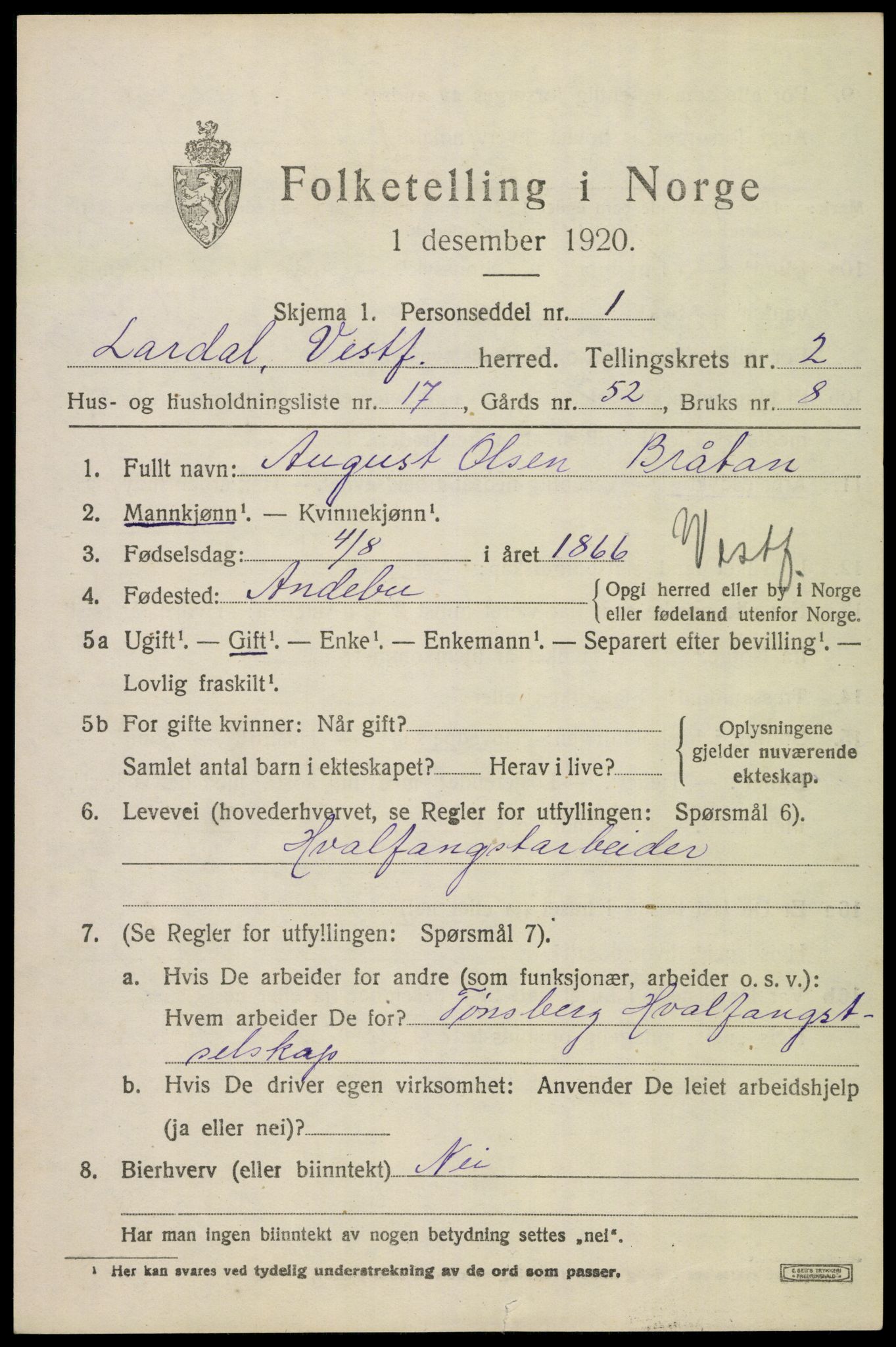SAKO, 1920 census for Lardal, 1920, p. 2167