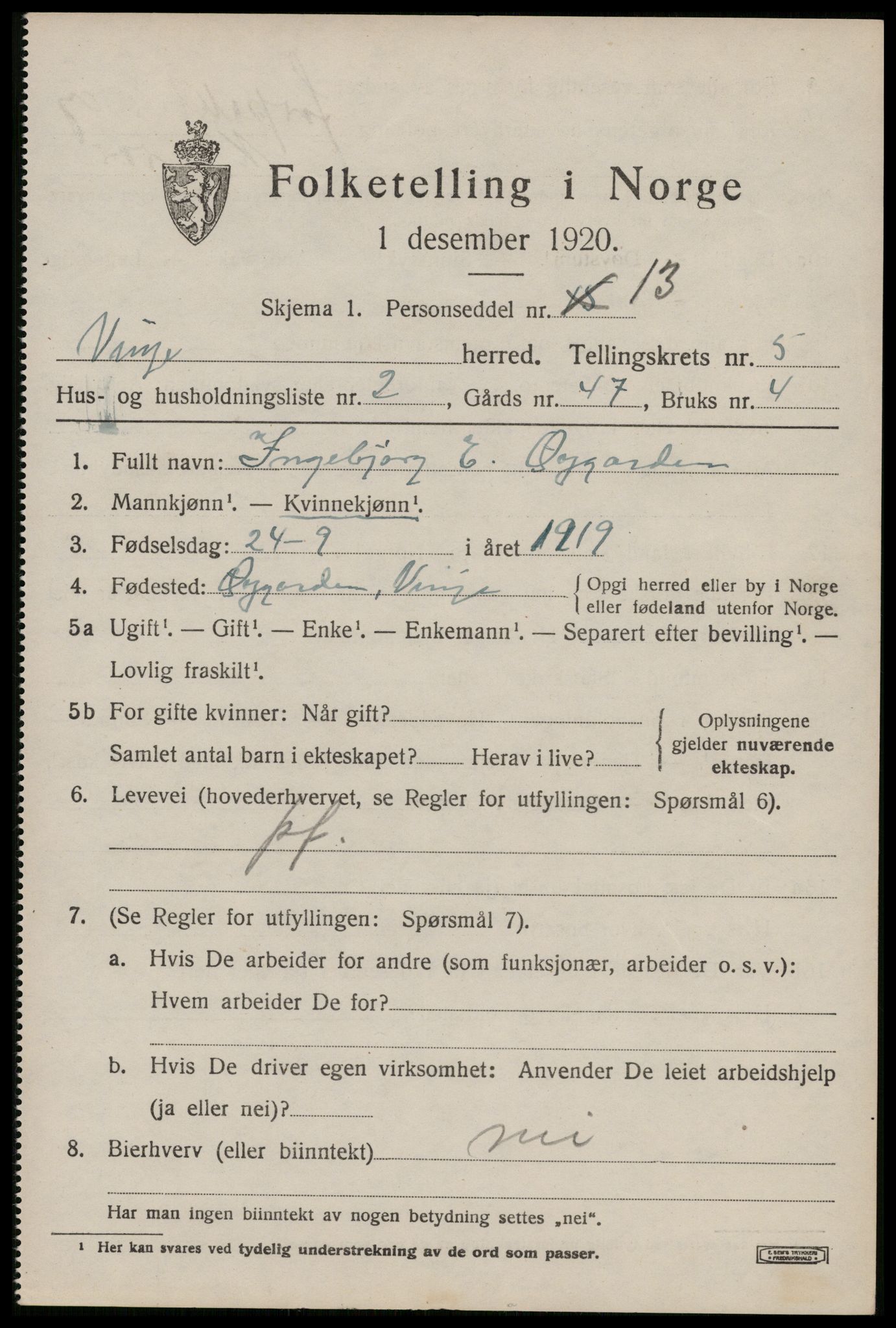 SAKO, 1920 census for Vinje, 1920, p. 1639