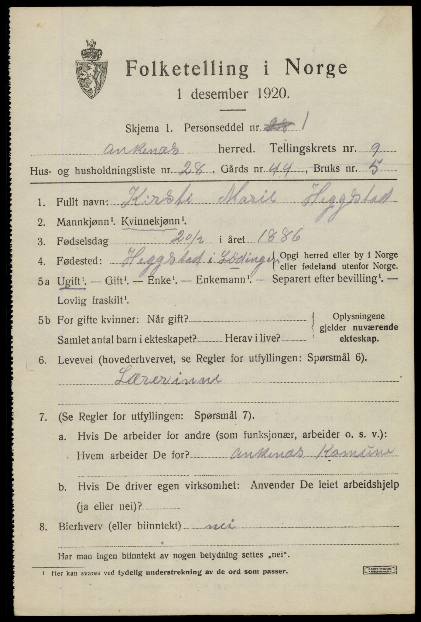 SAT, 1920 census for Ankenes, 1920, p. 4913