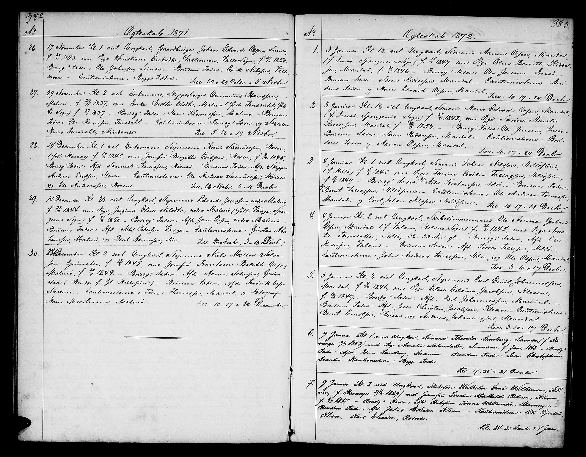 Mandal sokneprestkontor, SAK/1111-0030/F/Fb/Fba/L0009: Parish register (copy) no. B 3, 1867-1877, p. 382-383