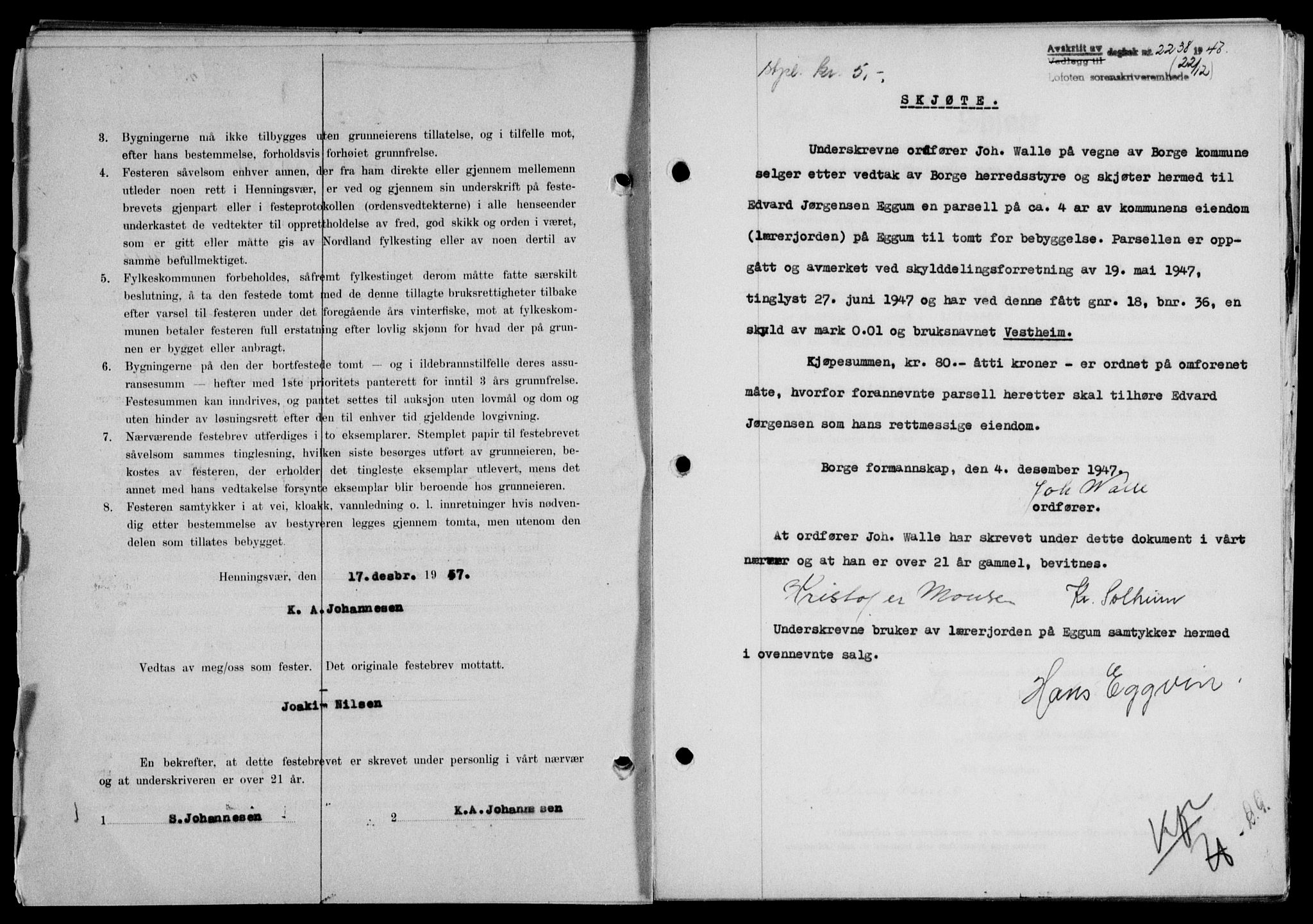 Lofoten sorenskriveri, SAT/A-0017/1/2/2C/L0017a: Mortgage book no. 17a, 1947-1948, Diary no: : 2238/1947