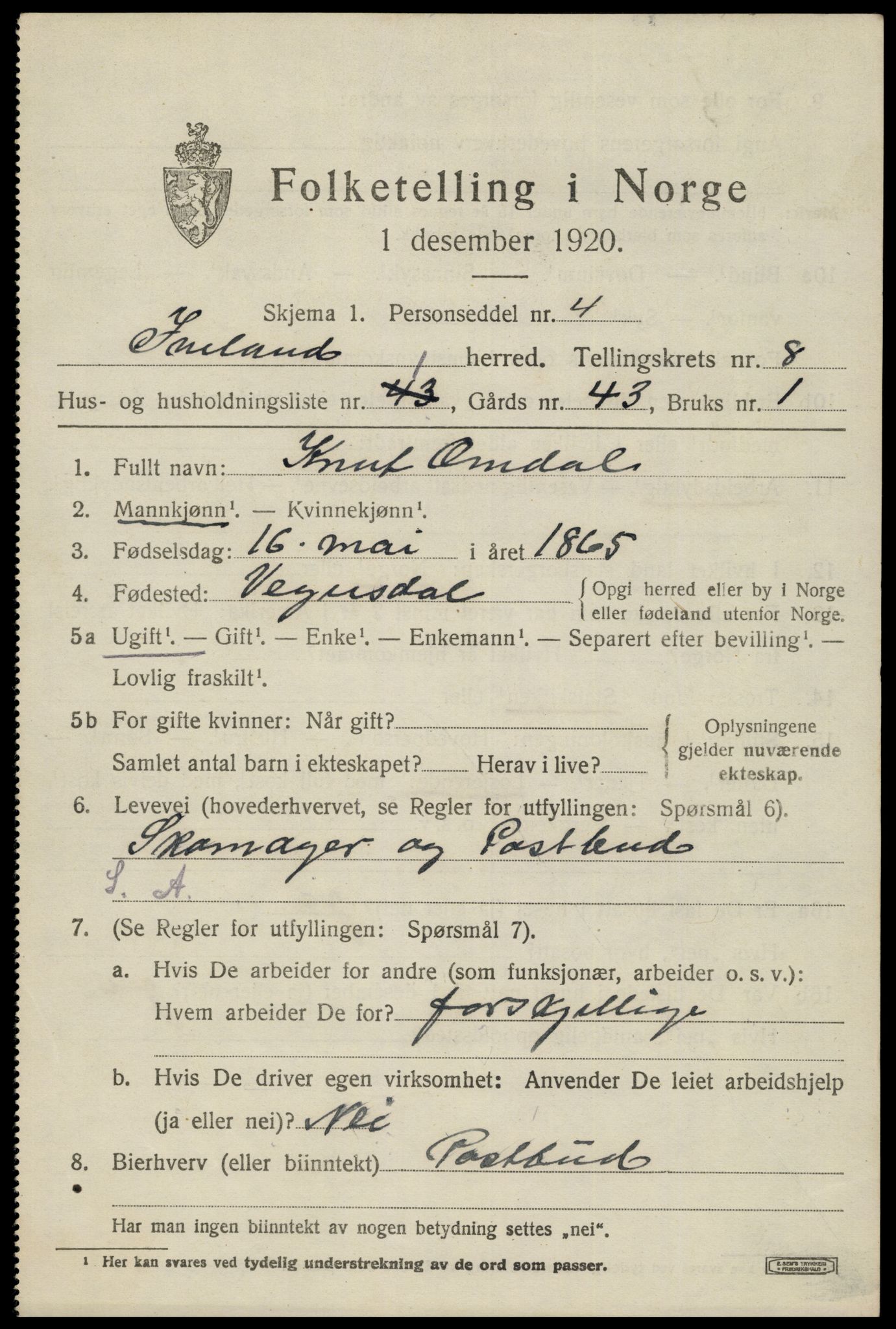 SAK, 1920 census for Iveland, 1920, p. 2295