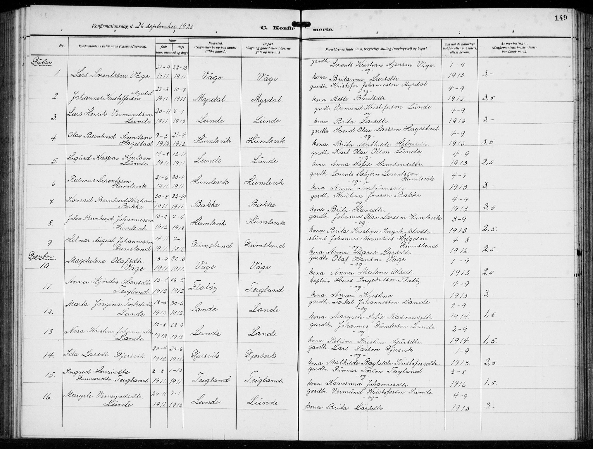 Tysnes sokneprestembete, AV/SAB-A-78601/H/Hab: Parish register (copy) no. B  3, 1918-1935, p. 149