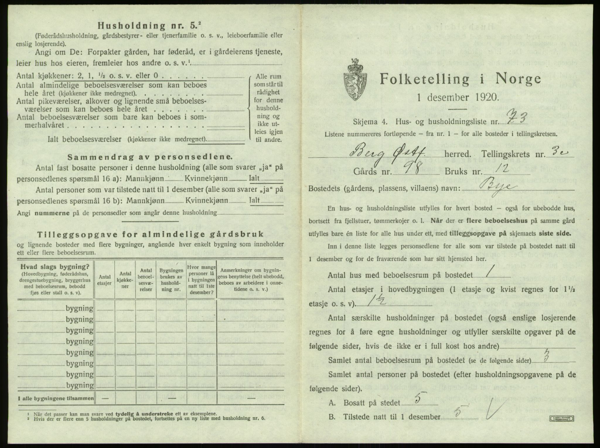 SAO, 1920 census for Berg, 1920, p. 1015