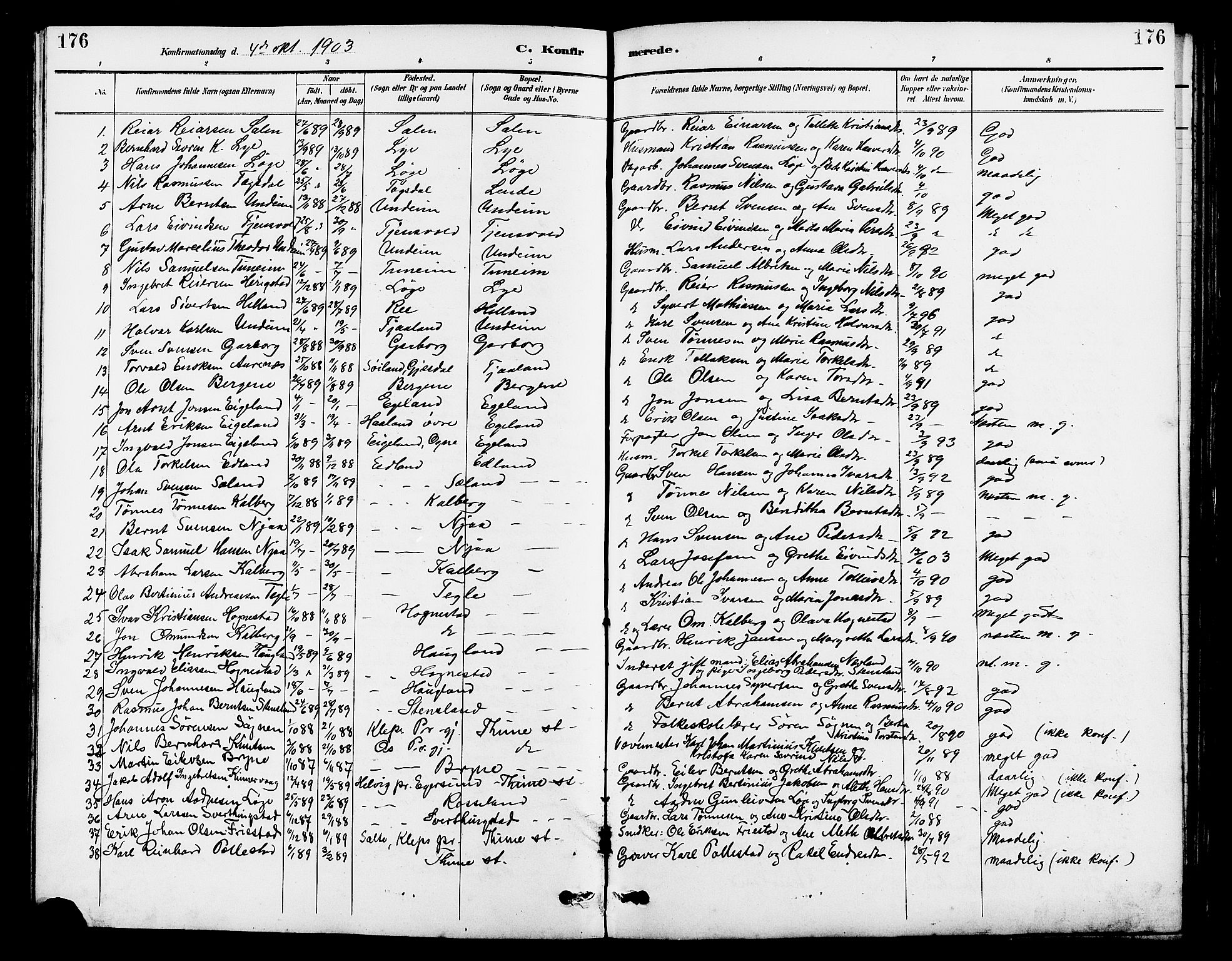 Lye sokneprestkontor, SAST/A-101794/001/30BB/L0007: Parish register (copy) no. B 8, 1889-1909, p. 176