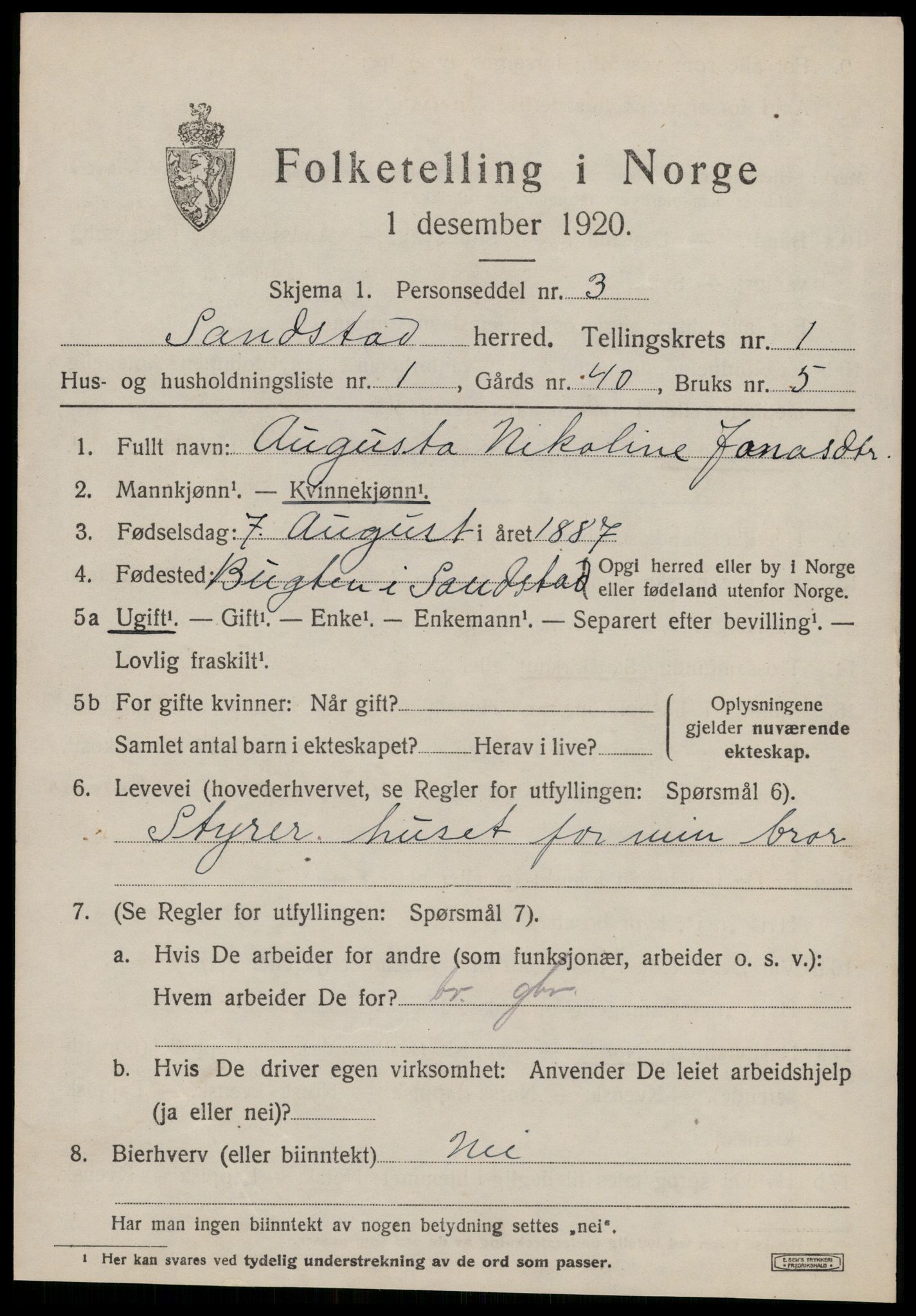 SAT, 1920 census for Sandstad, 1920, p. 353