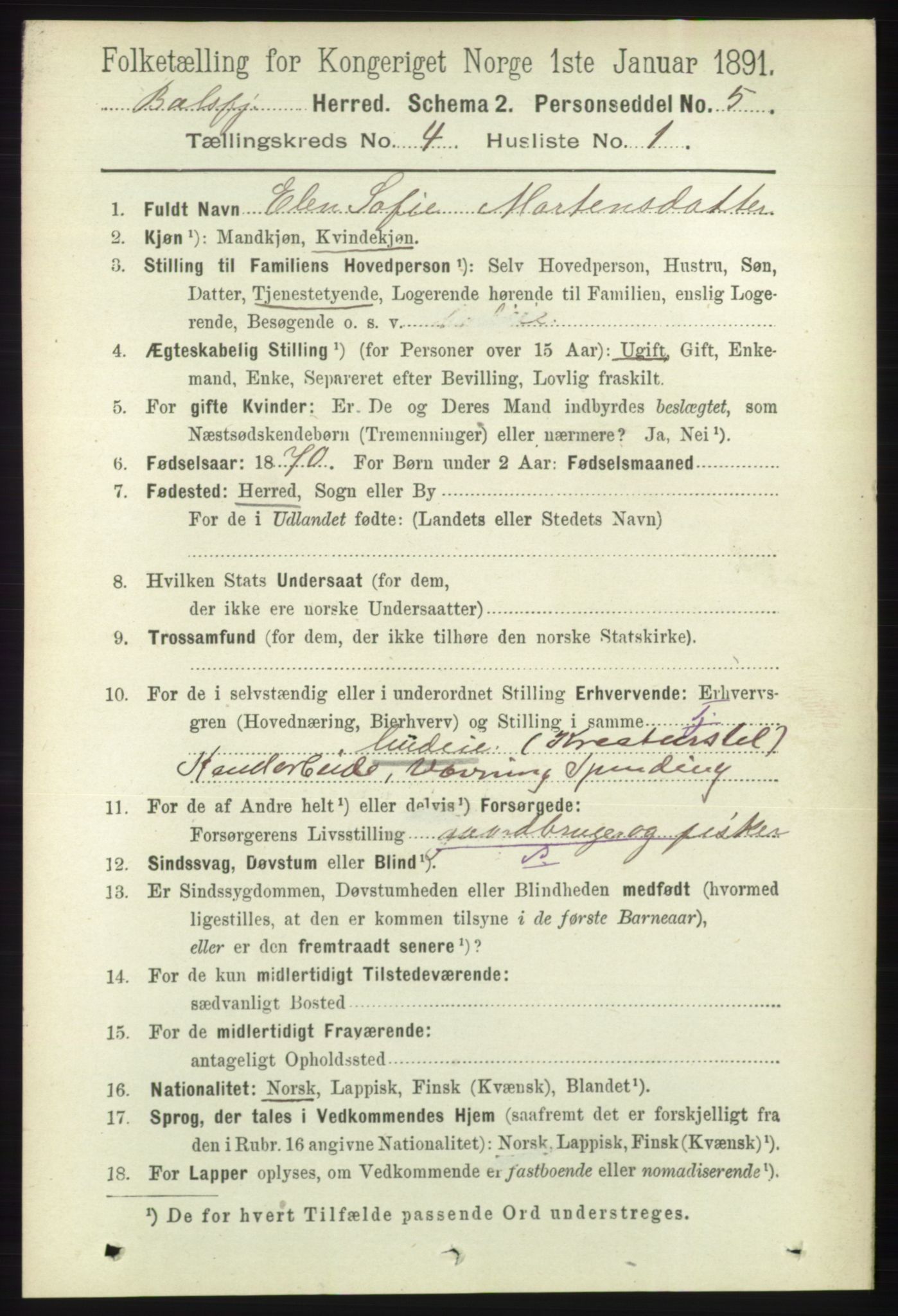 RA, 1891 census for 1933 Balsfjord, 1891, p. 1125